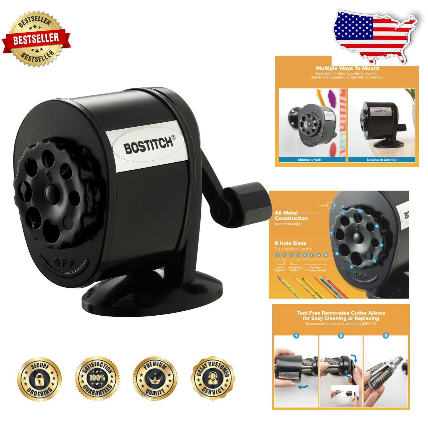 Office Pencil Sharpener, 8-Hole Dial, 6X Cutter Life, Wall Mount, Black
