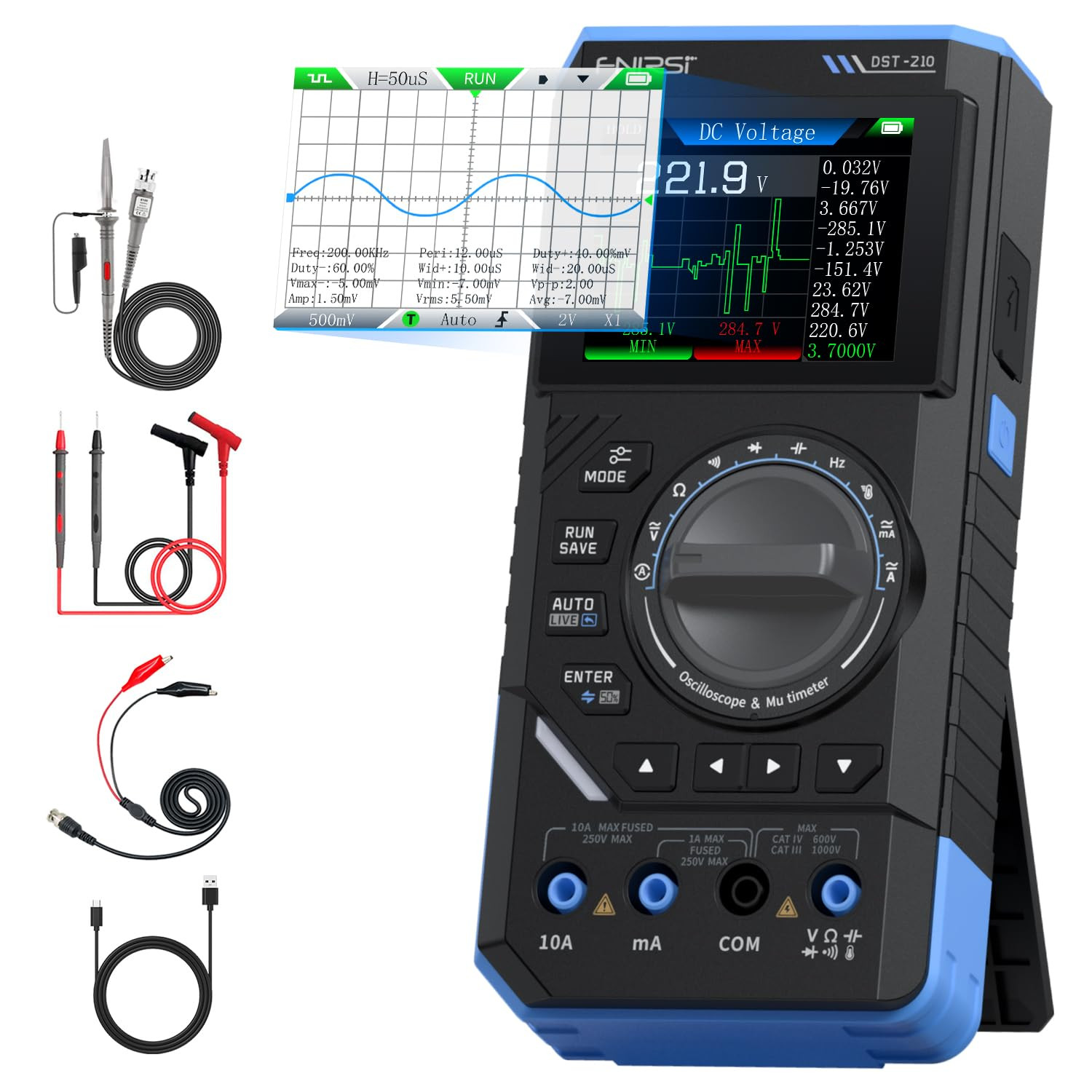 DST-210 Handheld Oscilloscope 10MHz Bandwidth, 19999 Counts, Digital Oscilloscop