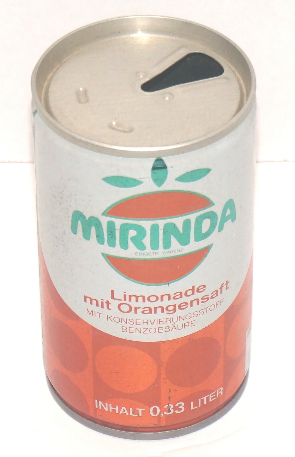 Vintage Mirinda Limonade German Inhalt 0.33Liter 4.5" High Empty Can Without Tab