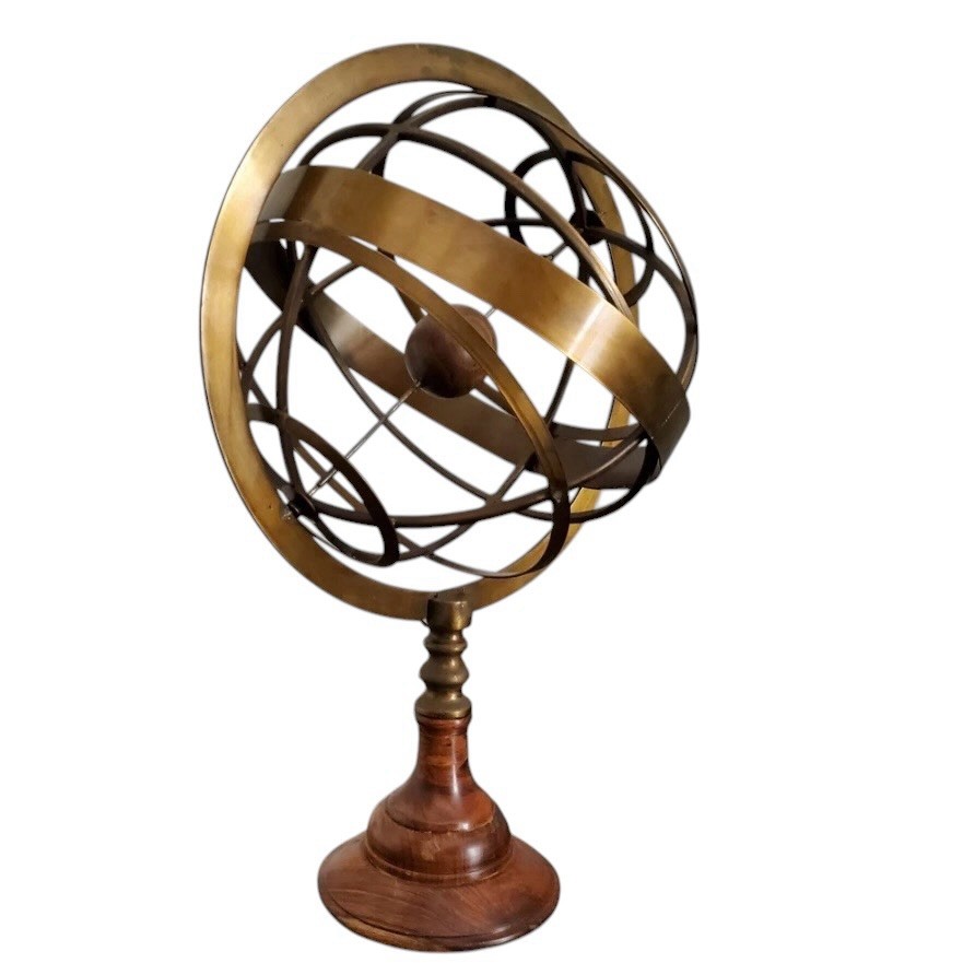 Large VTG Brass Wood Armillary Sphere Globe 20” Celestial Sculpture Library