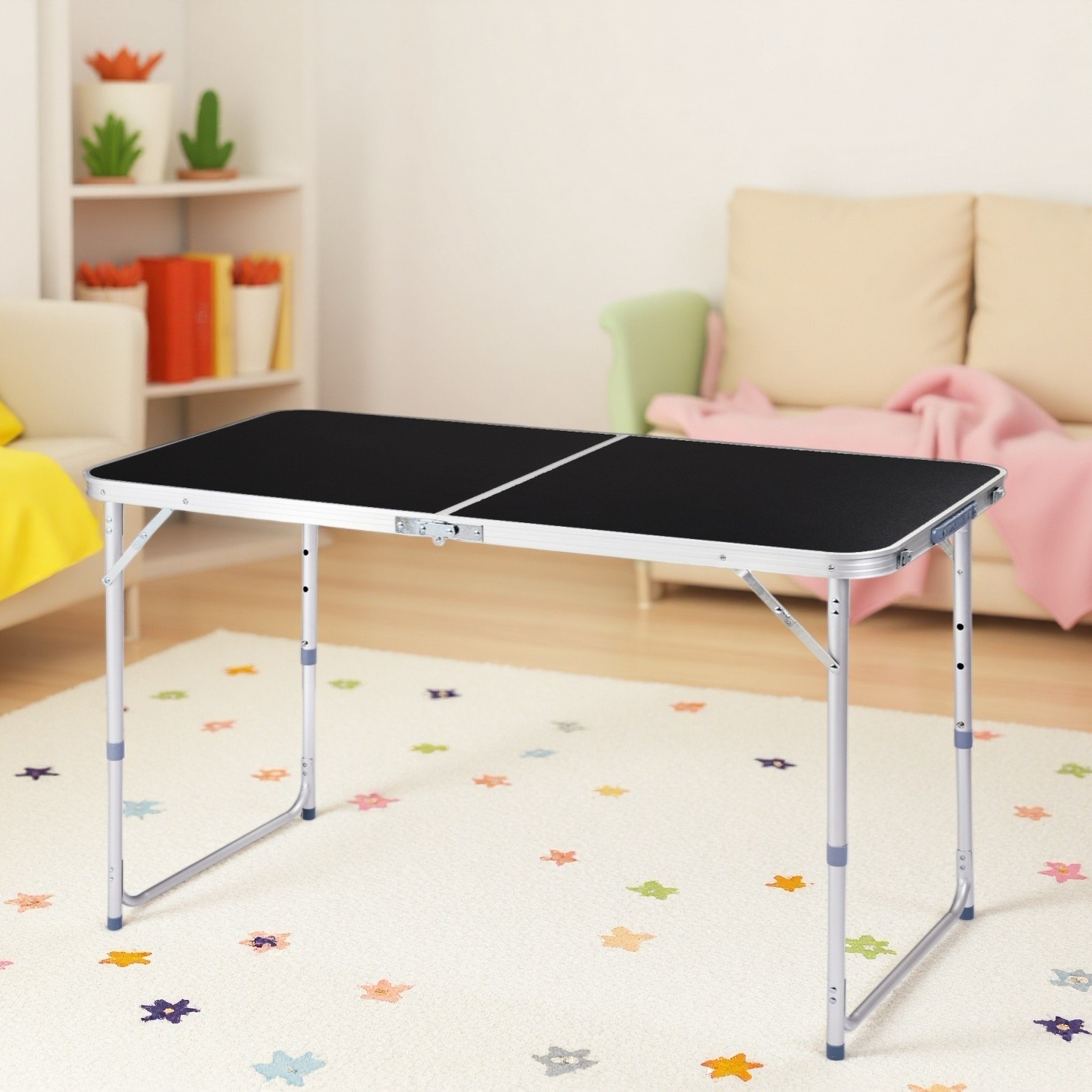 Folding Camping Table 4ft - Adjustable Patio Aluminum Frame Outdoor Picnic Black