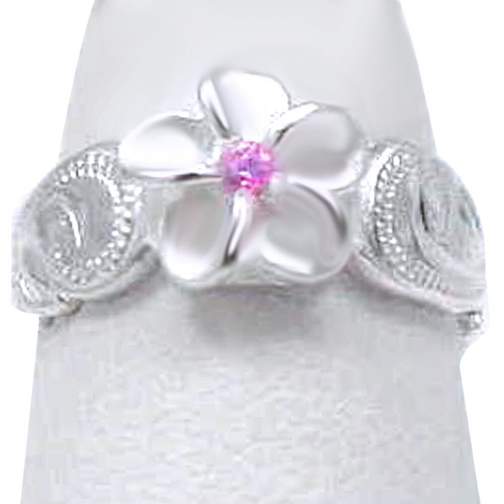 8MM HAWAIIAN PLUMERIA SCROLL TOE RING CUT OUT EDGE PINK CZ STERLING SILVER 925