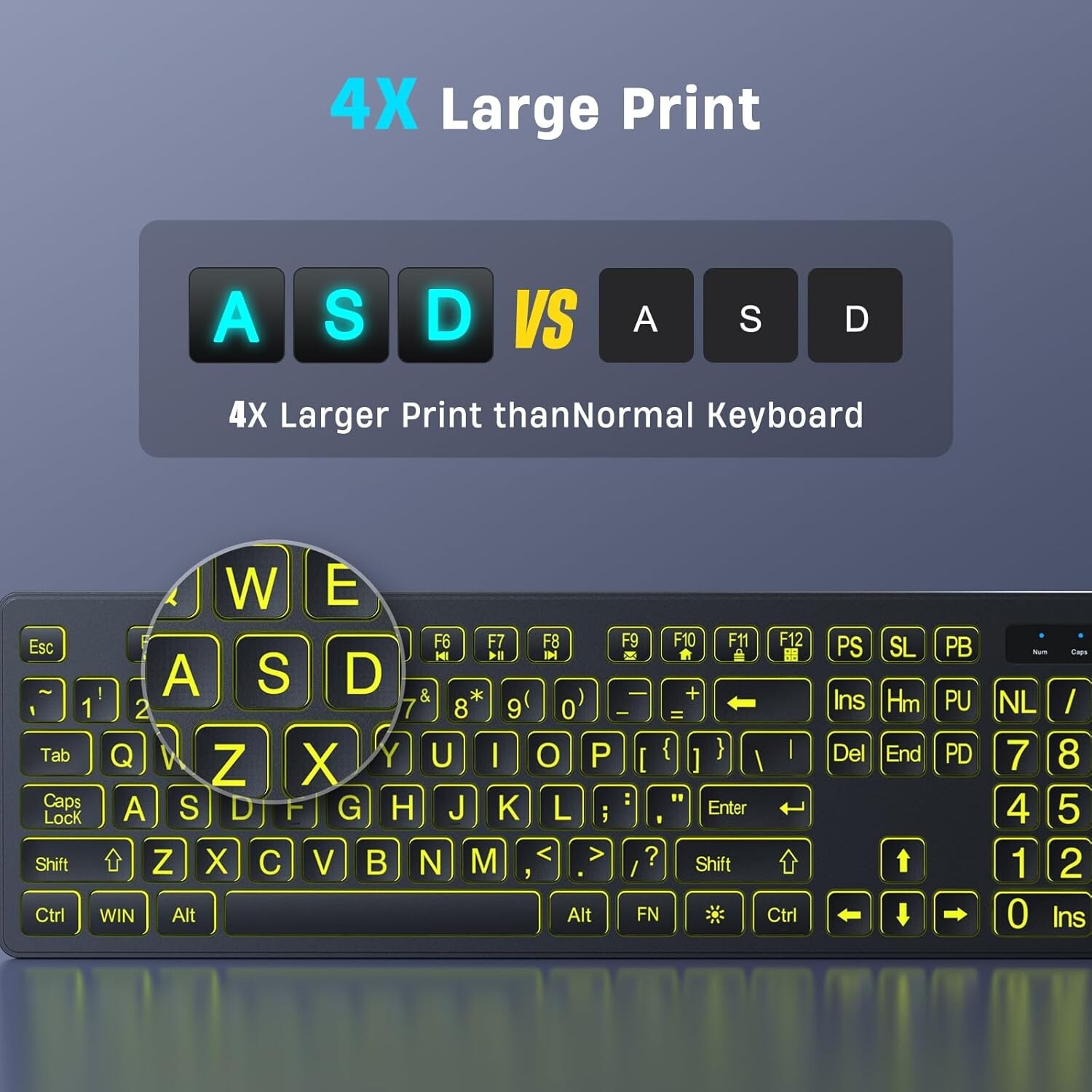 Large Print Backlit Wireless Keyboard, 2.4G Silent Wireless Light Up Keyboard