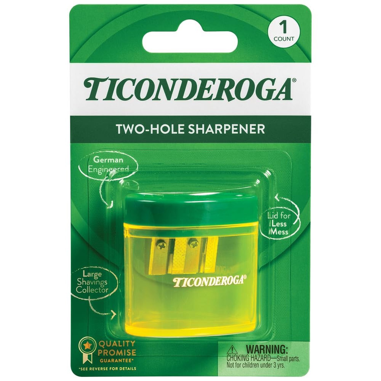 Ticonderoga Two-Hole Pencil Sharpener, Yellow and Green, 1 Count 2-Hole