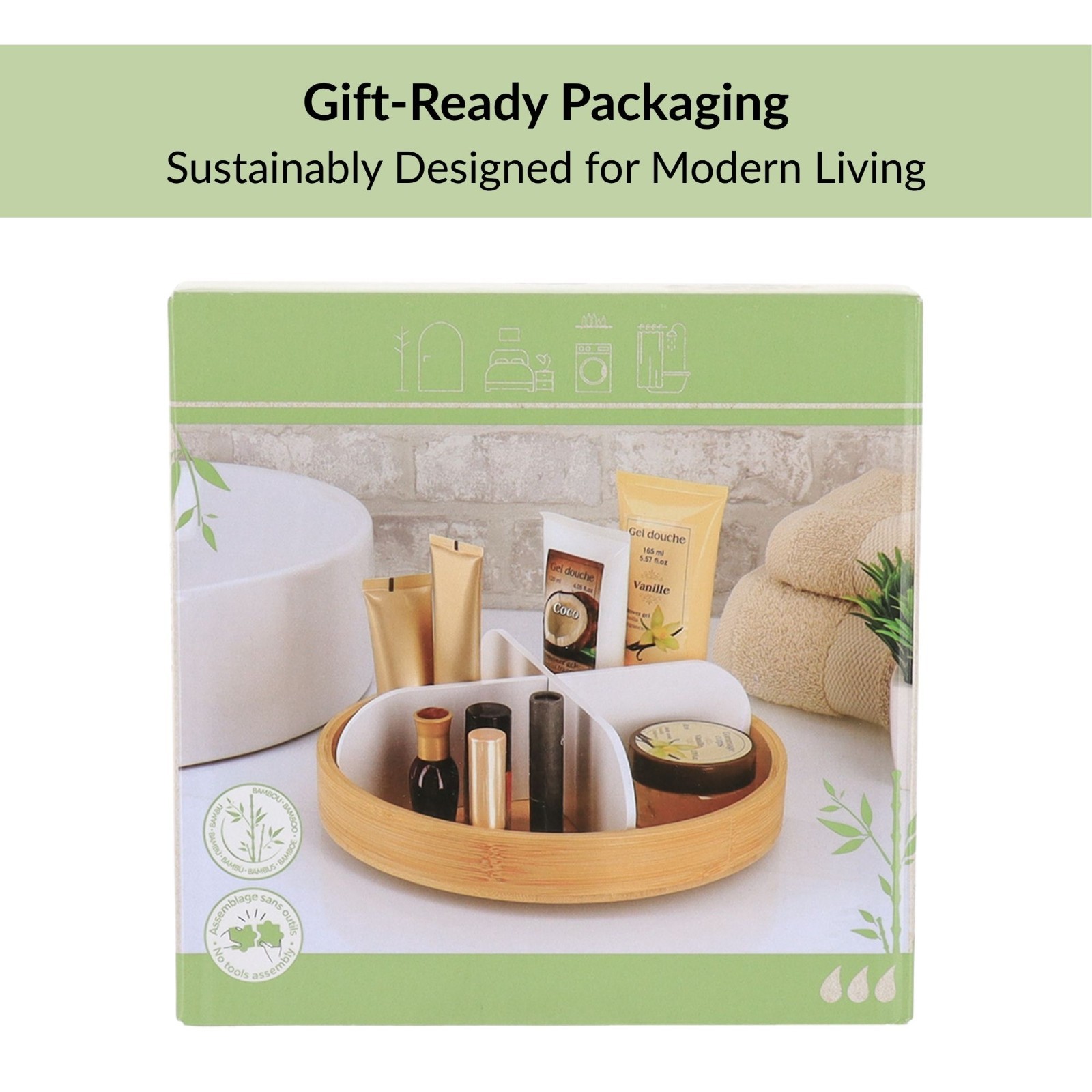 Rotating Bathroom Organizer with 4 Compartments - Bamboo Base Matte Finish