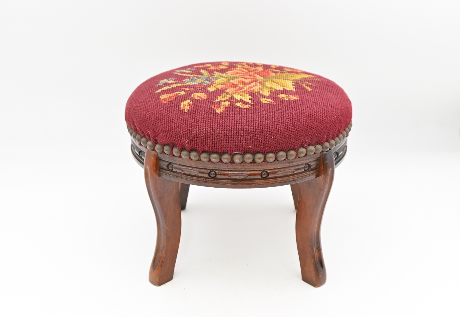 Antique Floral Needlepoint Footstool Wool Victorian Carved Wood Brass Nail Heads
