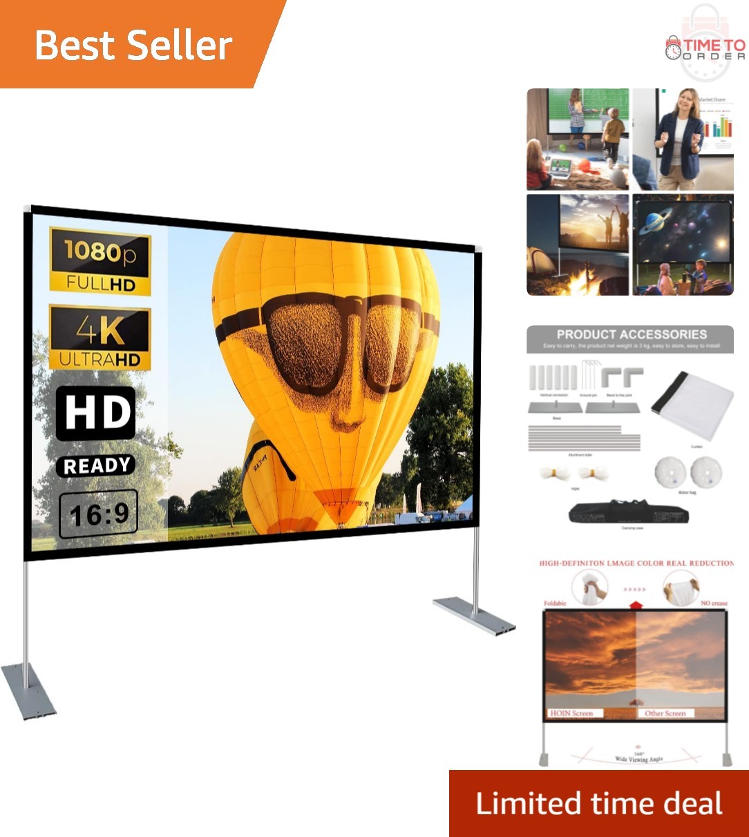 100 Inch HD 4K Outdoor Projector Screen Stand Portable Indoor/Outdoor Movie