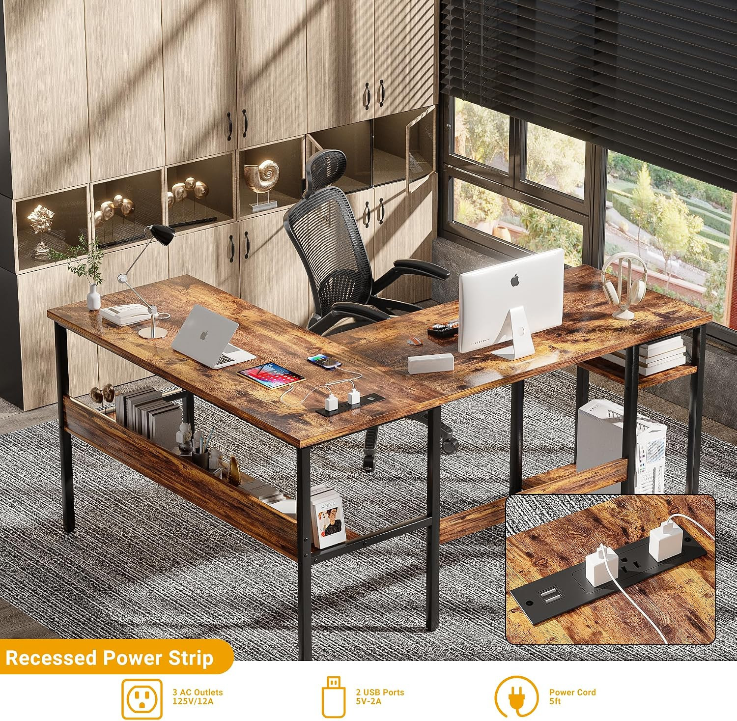 L Shaped Computer Desk with Magic Power Outlets and USB Charging Port, Sturdy Re