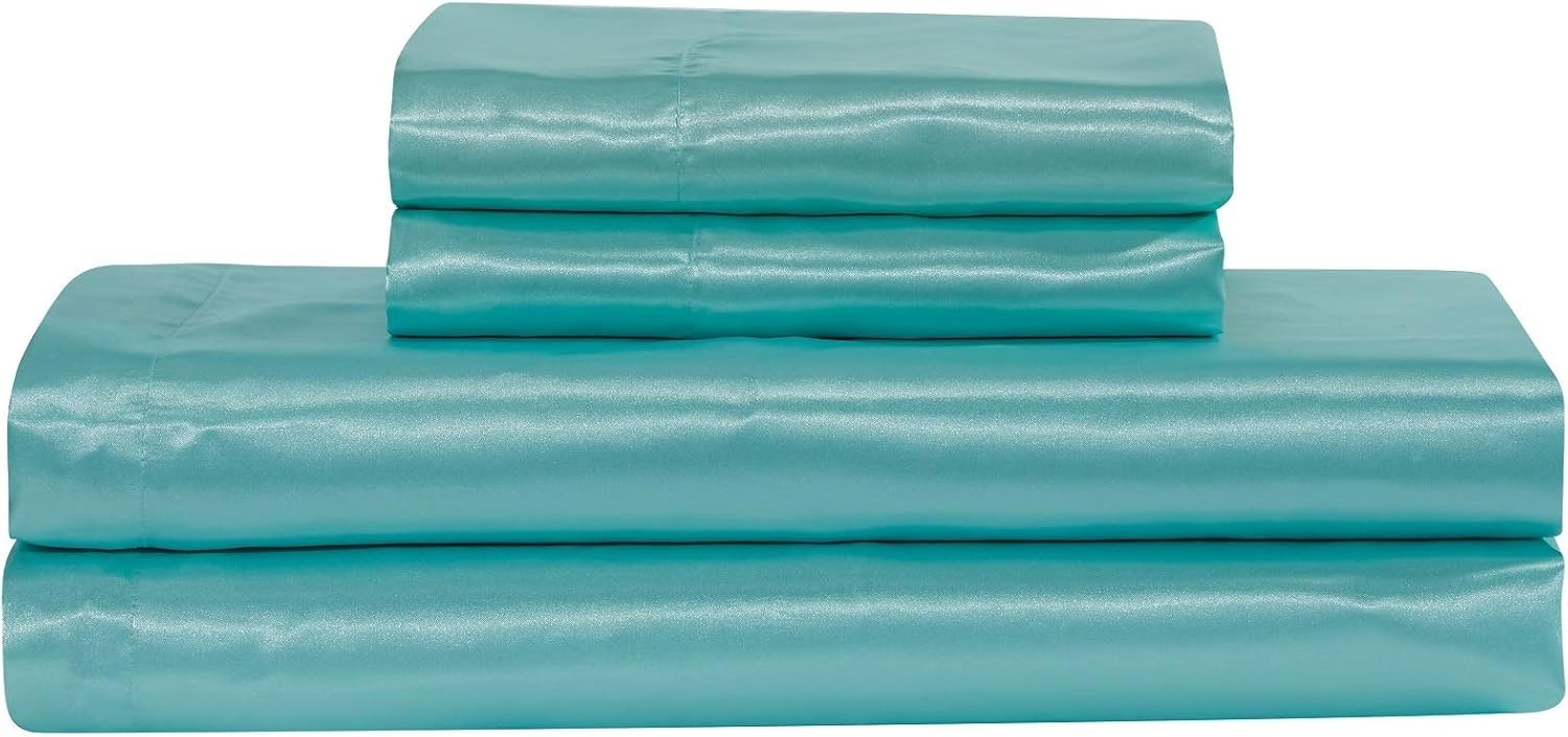 Luxurious 4pc Aqua Blue Queen Sheet Set - Soft Silky Satin with Deep Pockets