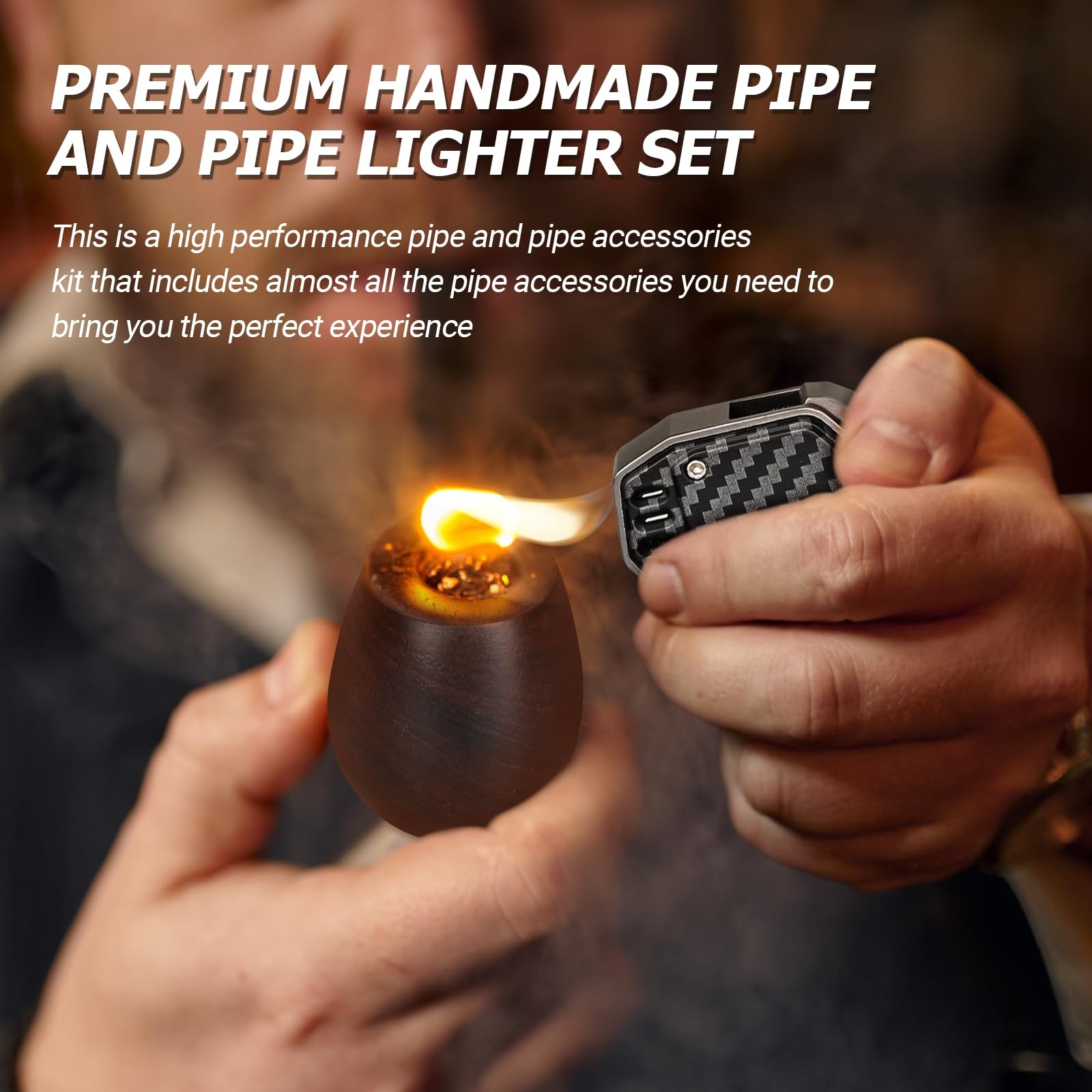 Handmade Pipe and Pipe Lighter Set, Wood Pipe and Various Pipe Accessories, S...