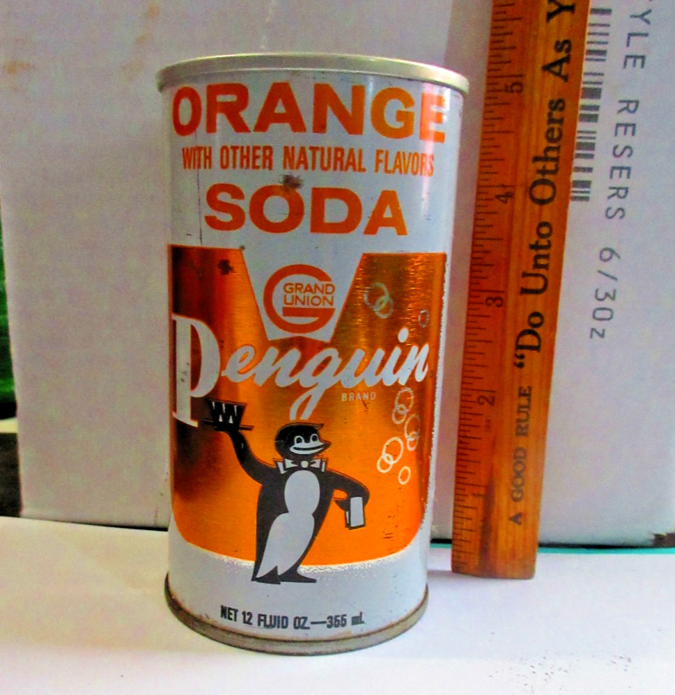 VINTAGE 1960'S GRAND UNION PENGUIN ORANGE SODA CAN INTACT EMPTY 12 FL OZ