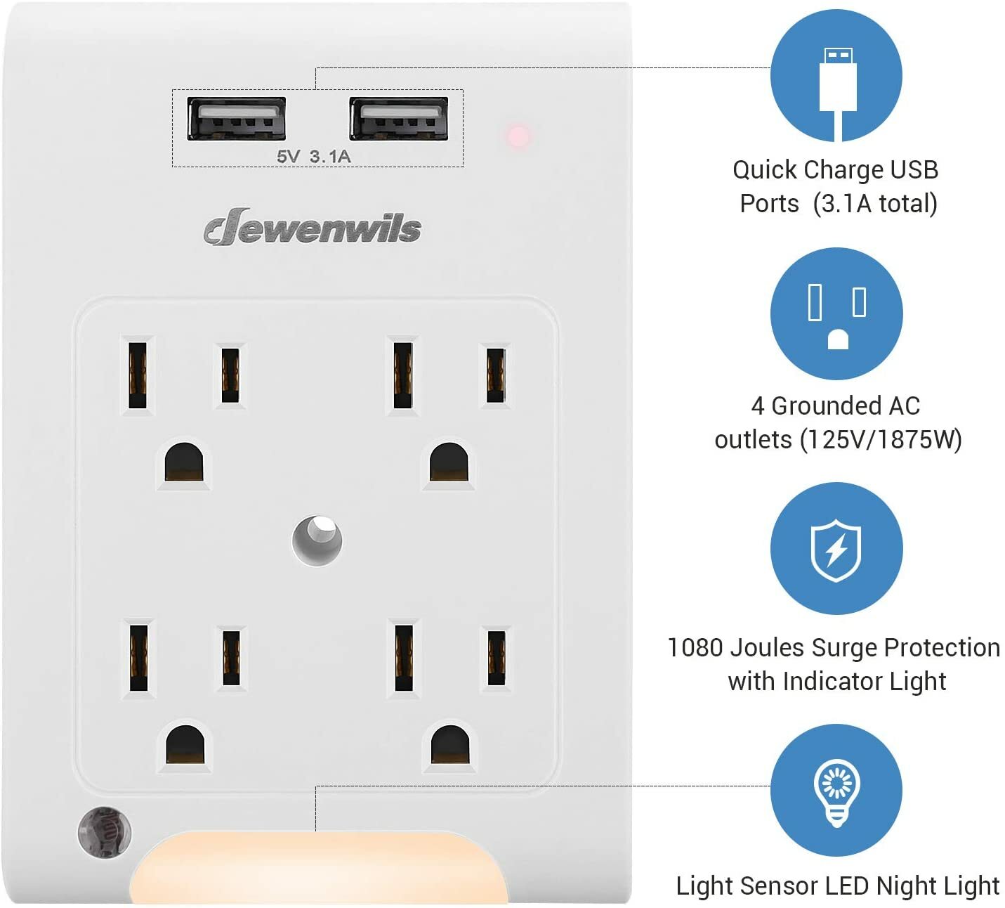 DEWENWILS Wall Plug Outlet Adapter with 2 USB Ports Light Sensor Night Light