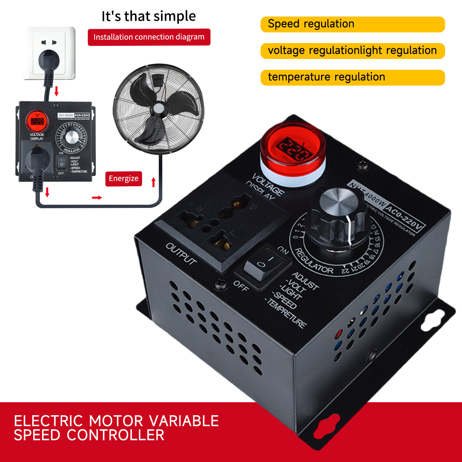 AC 120V~220V 4000W 15A Motor Variable Speed Controller Volt Regulator Dimmer