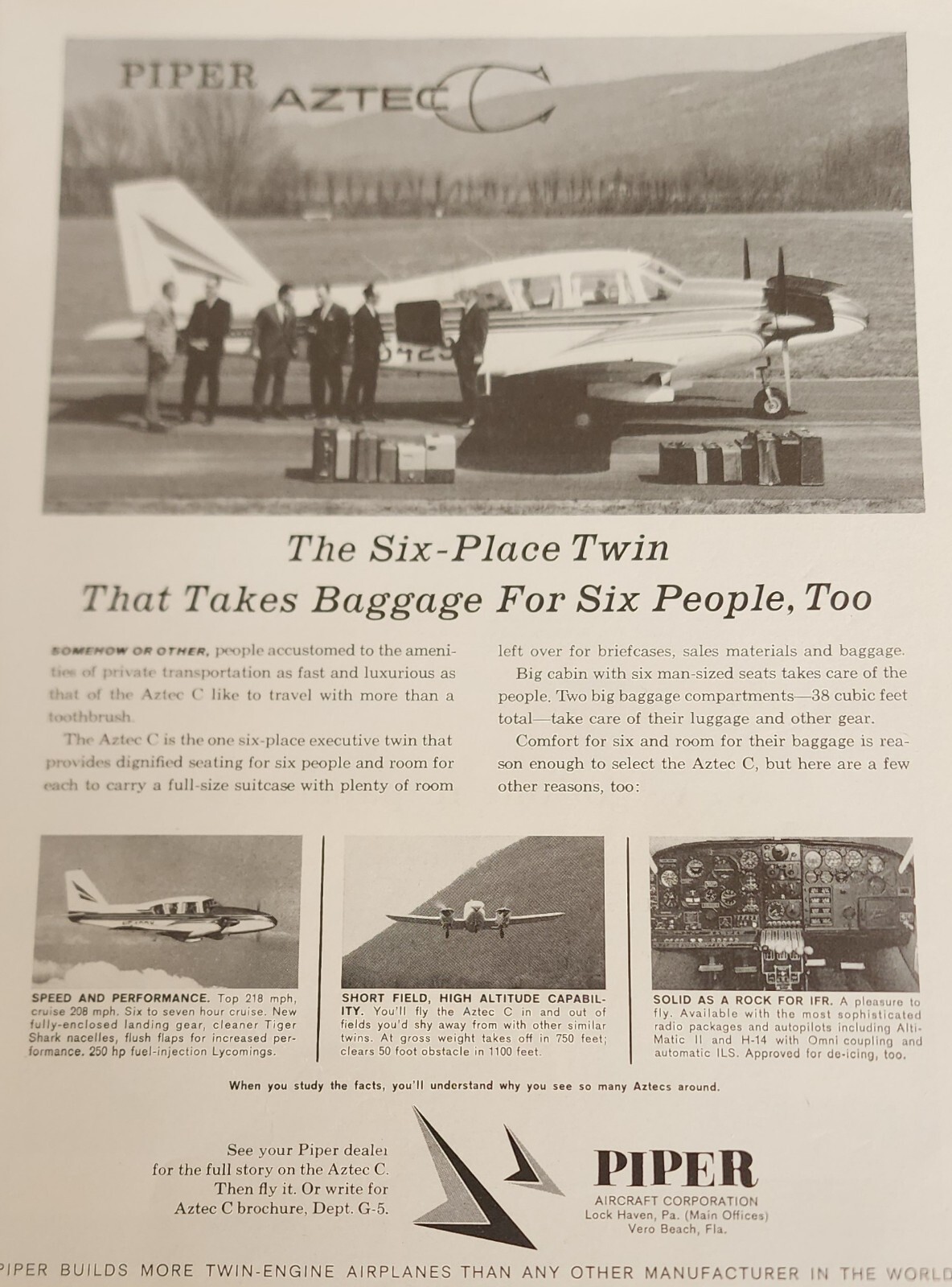Piper Aztec Aircraft Plane Picture Magazine Ad Vintage Wall Art Display