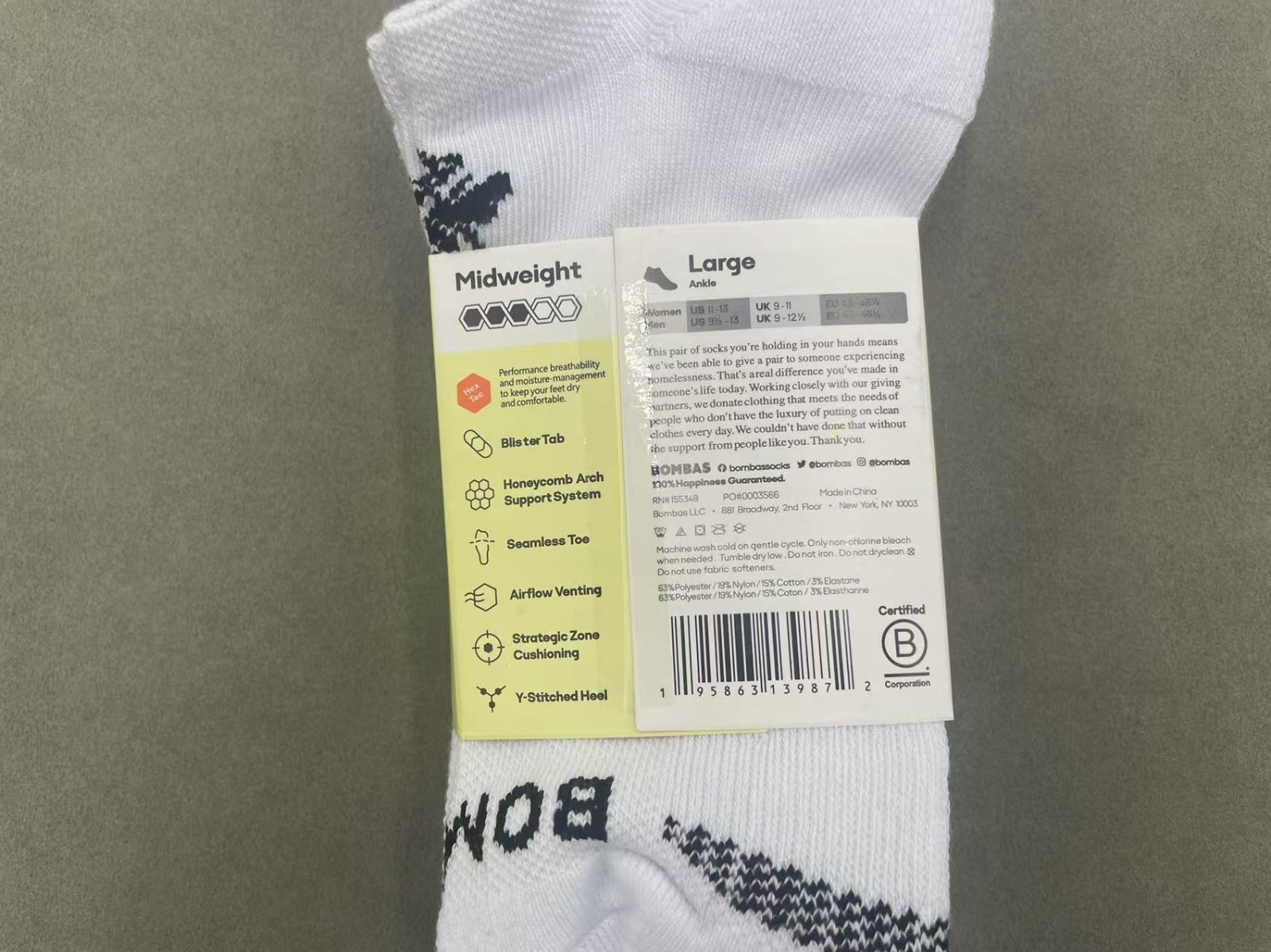 4 pairs BOMBAS Men's Running Ankle socks Size Large 9-13 white