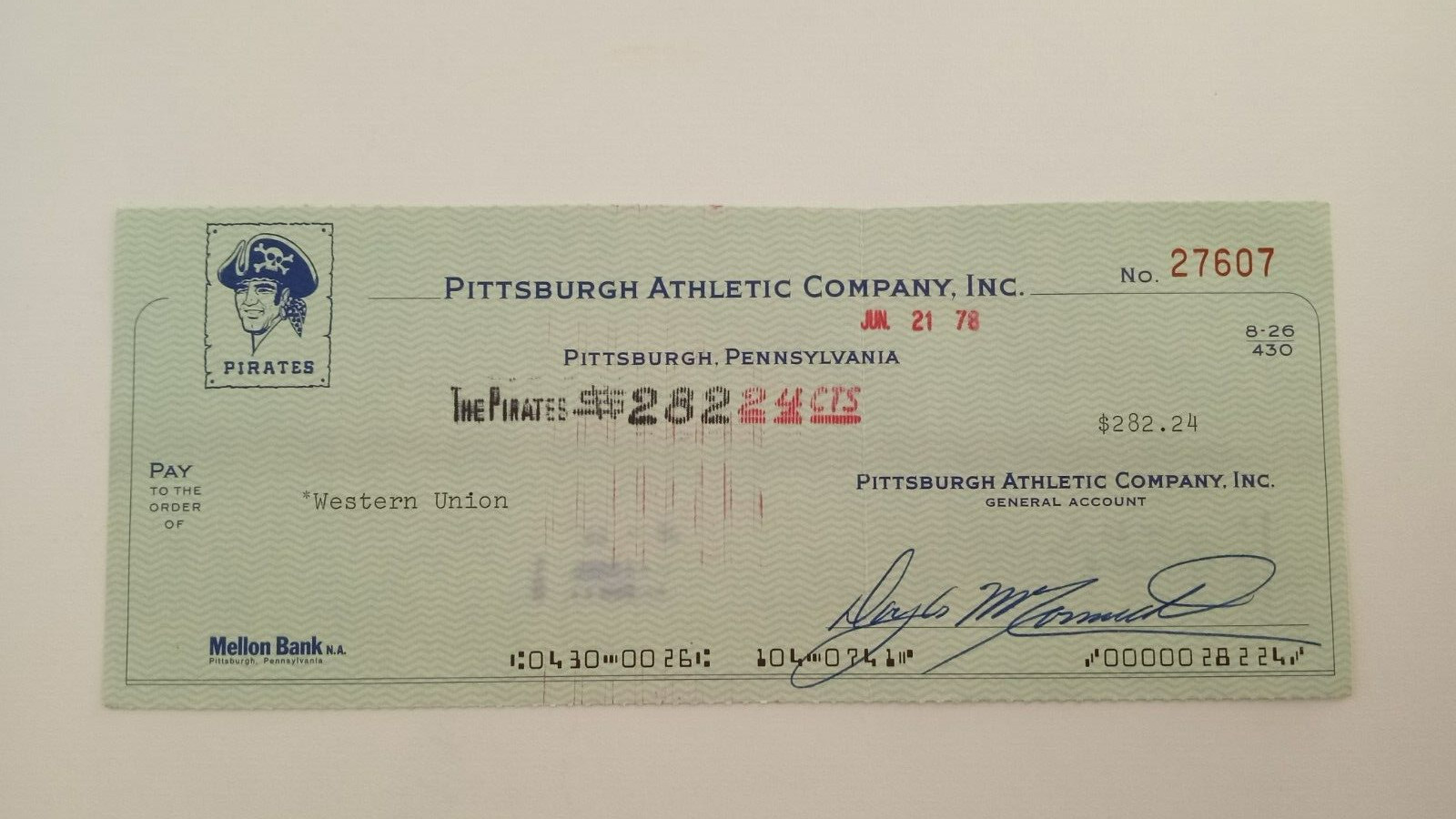 Western Union: 1978 Pittsburgh Pirates Expense Check