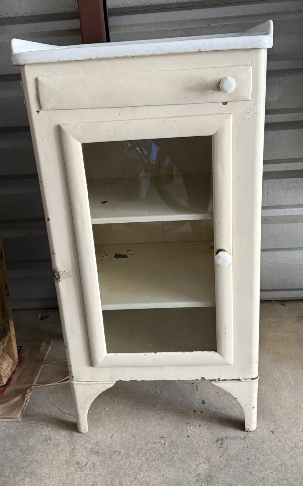 Antique Steel Medical Dental Cabinet Glass Door Shelves White Porcelain Top
