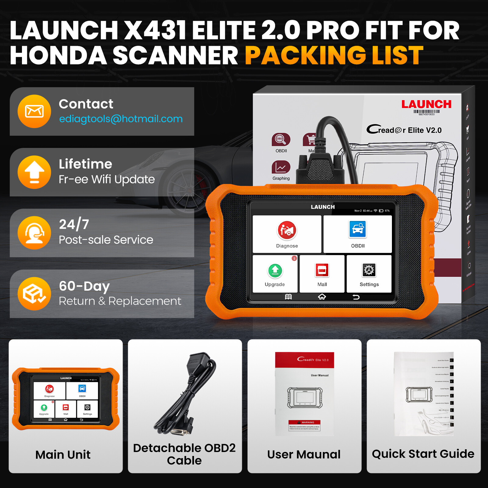 For Honda Acura LAUNCH Creader Elite V2.0 OBD2 Scanner Code Reader Lifetime Free