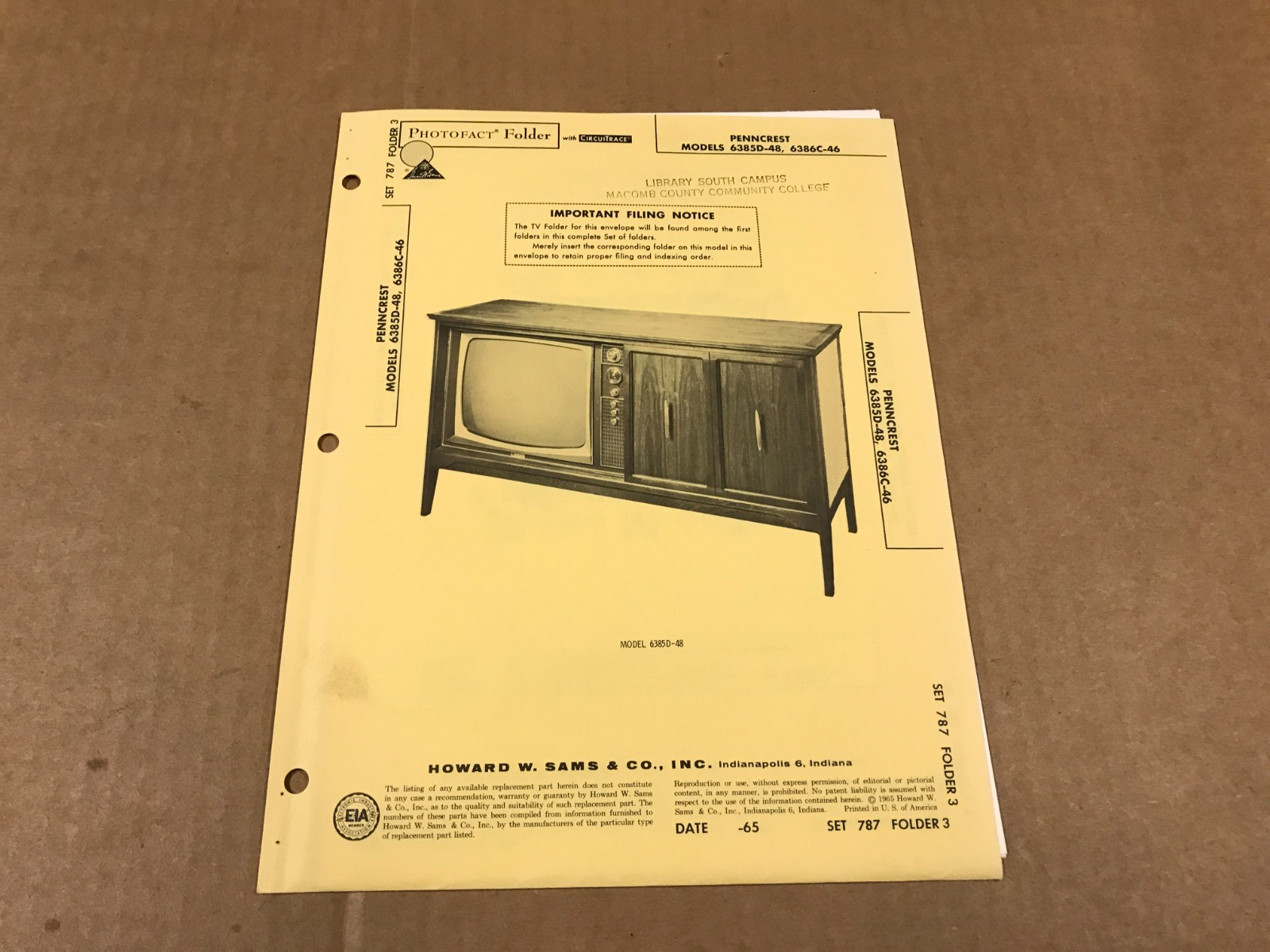 Vintage Photofact Folder - 787-3 - Penncrest TV Models 6385D-48, 6386C-46