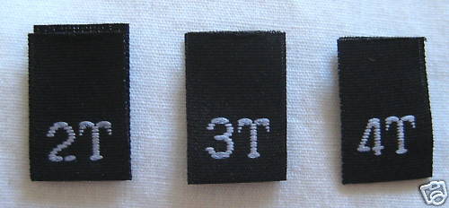 1000 pcs TODDLER CHILDREN WOVEN SIZE TAG LABELS - 2T 3T 4T BLACK (333pcs each)