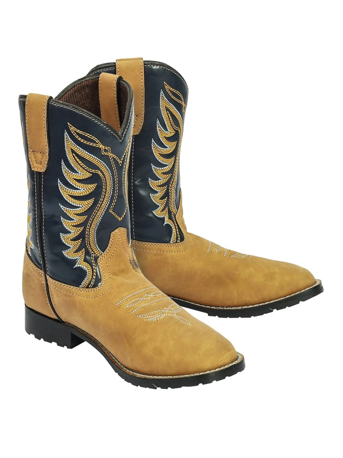 TuffRider Youth Lassen Rounded Toe Western Cowboy Boots Tan w/ Navy 7Y
