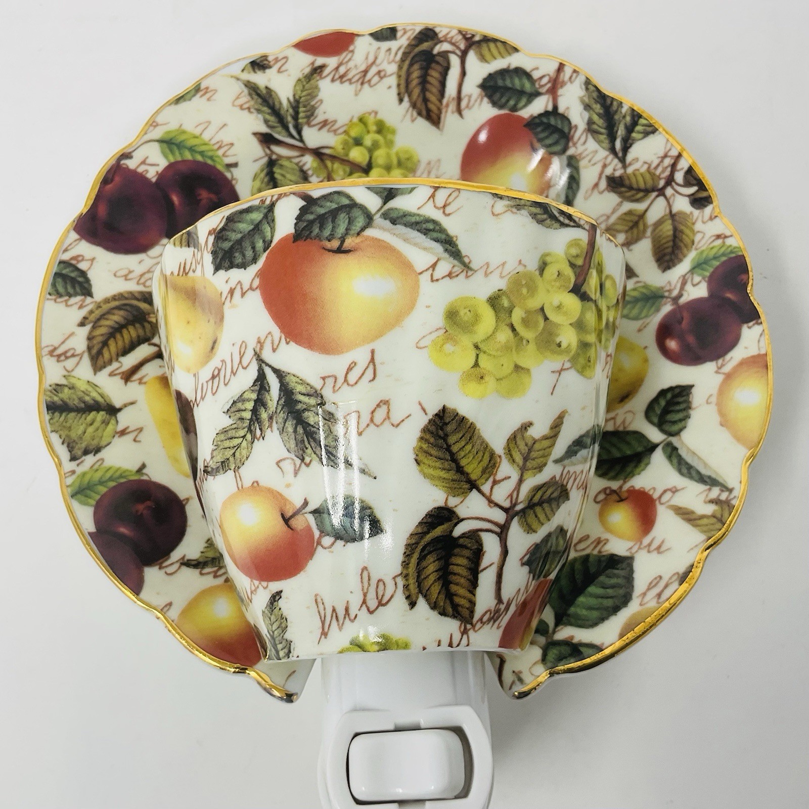 Baum Bros Formalities Night Light Tea Cup & Saucer Fruit Pattern Gold Rim Dining