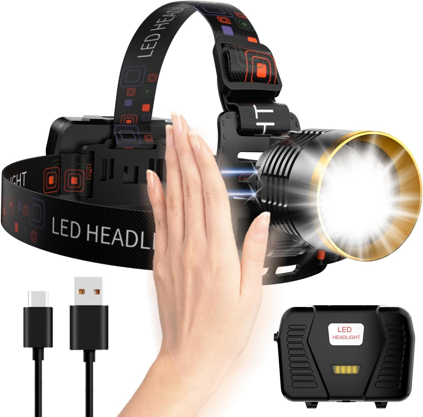 Headlamp Rechargeable 3000 High Lumens, 13 Mode LED 9000mAh Black and Gold