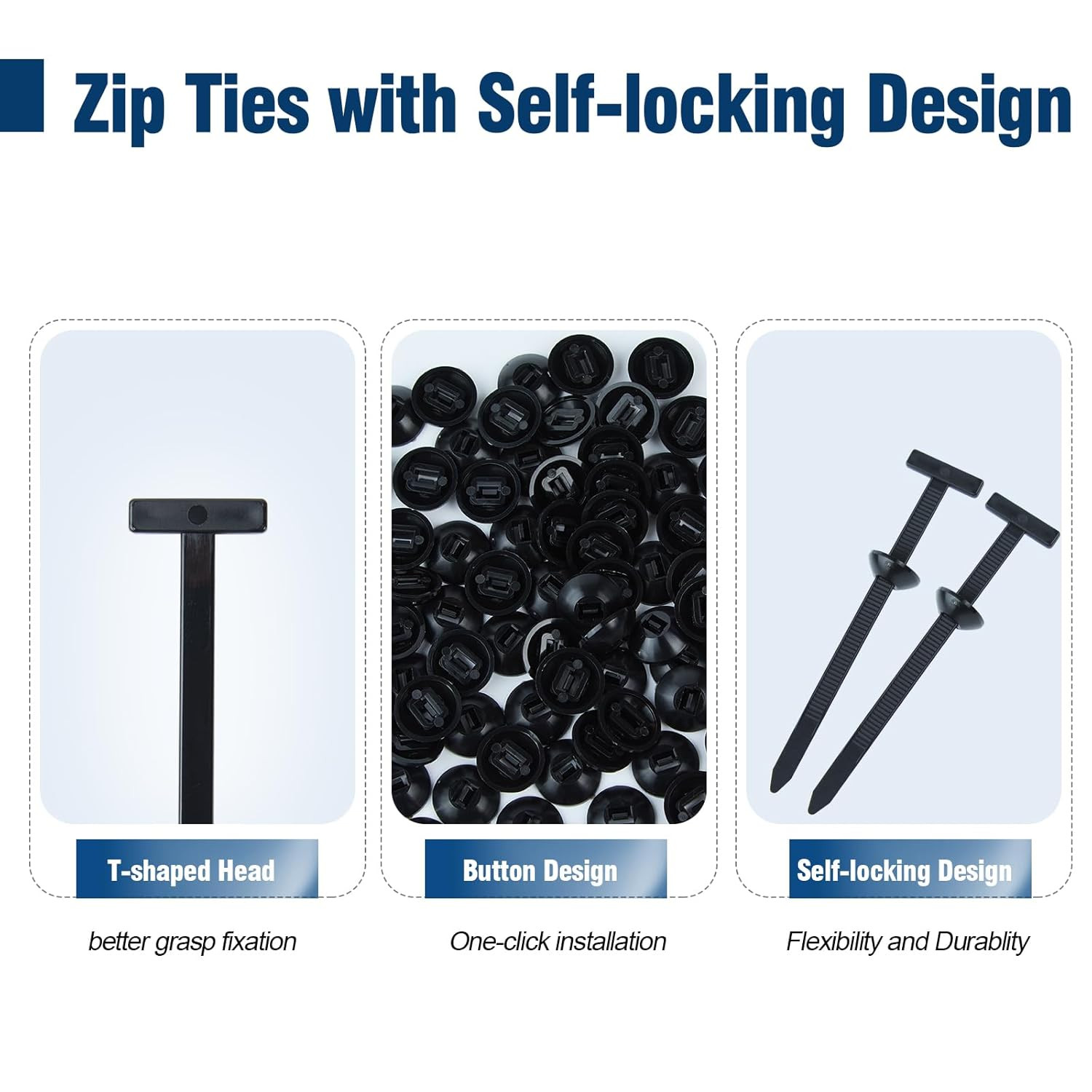 Nylon Universal Cable Tie Buckle, Multi-Functional Black Zip Ties with Pin & But