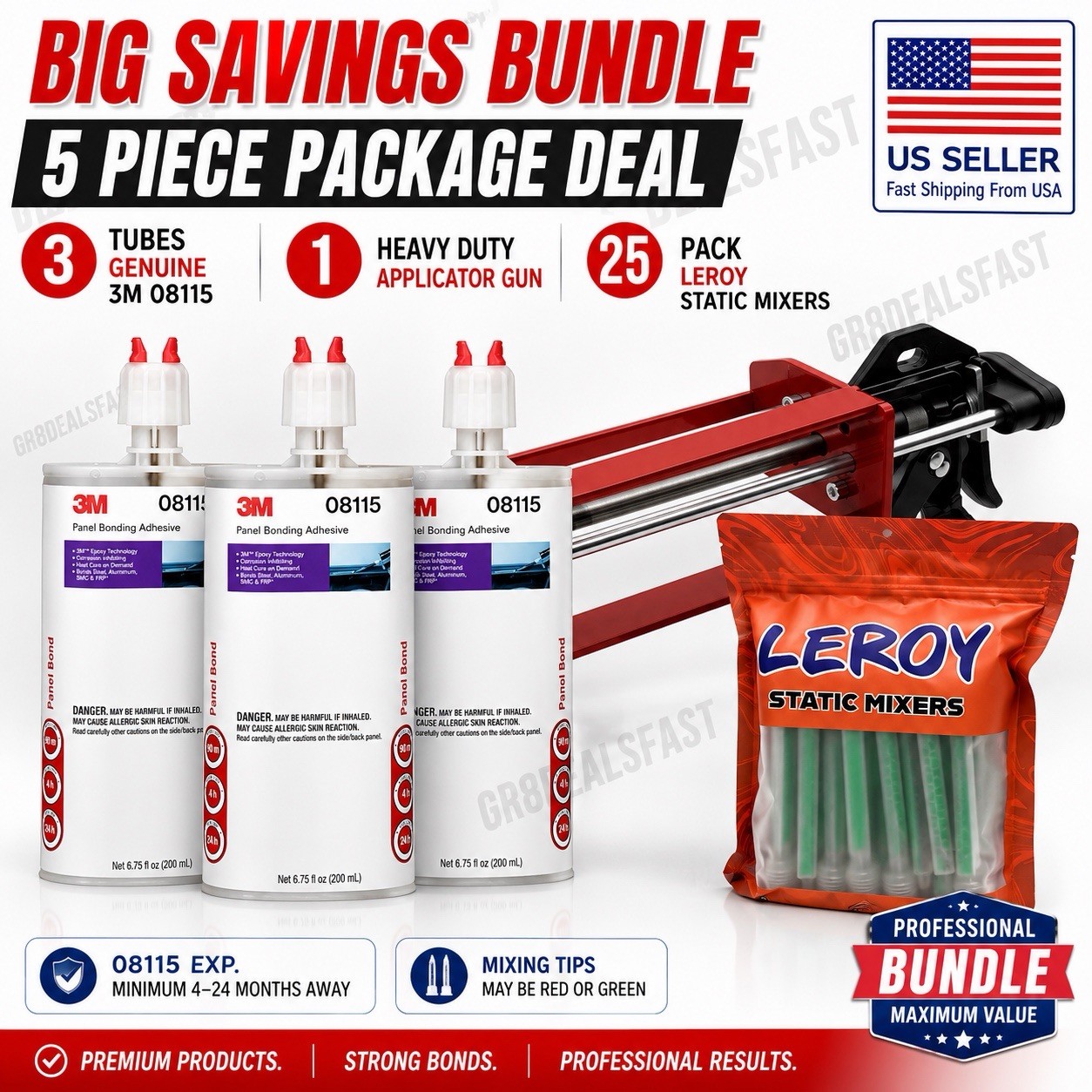 3 Tubes 3M 08115 Panel Bond Adhesive 1 Applicator Gun and 25 Mix Tips SAVER PACK