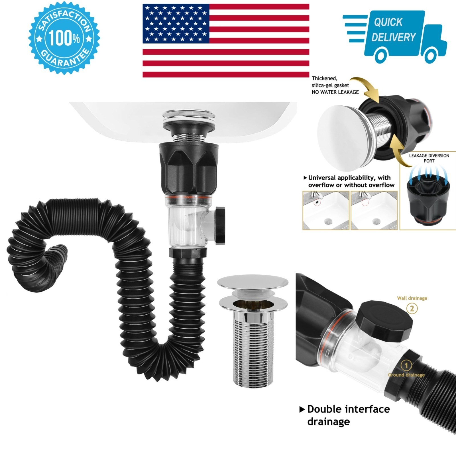 Rackickyer Bathroom Sink Drain Kit with P-Trap, Anti-Clogging Stopper