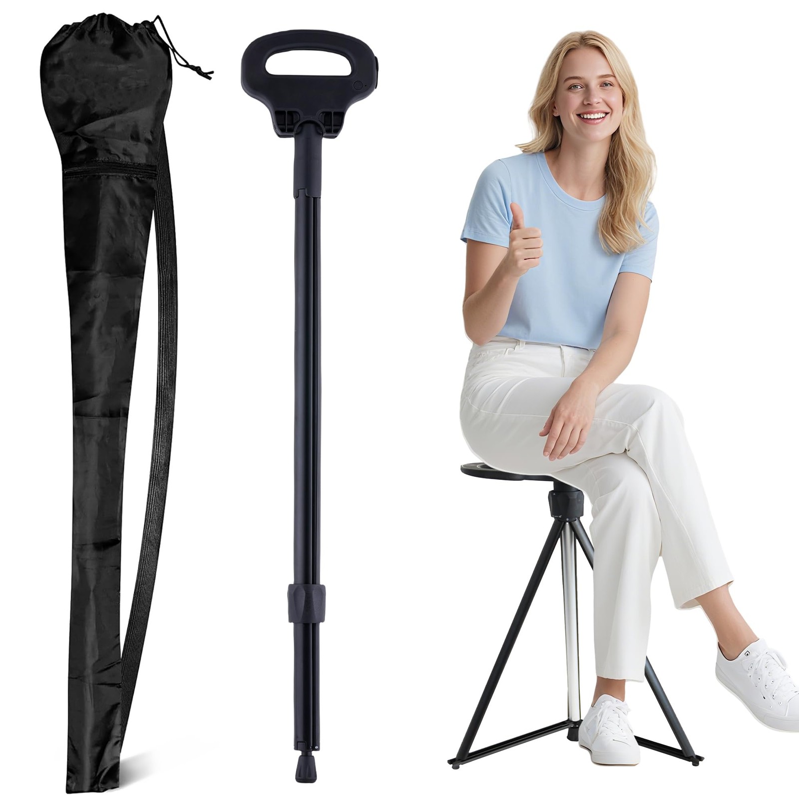 Walking Cane with Seat Folding Lightweight, 2-in-1 Cane Stool for Adults, Alu...