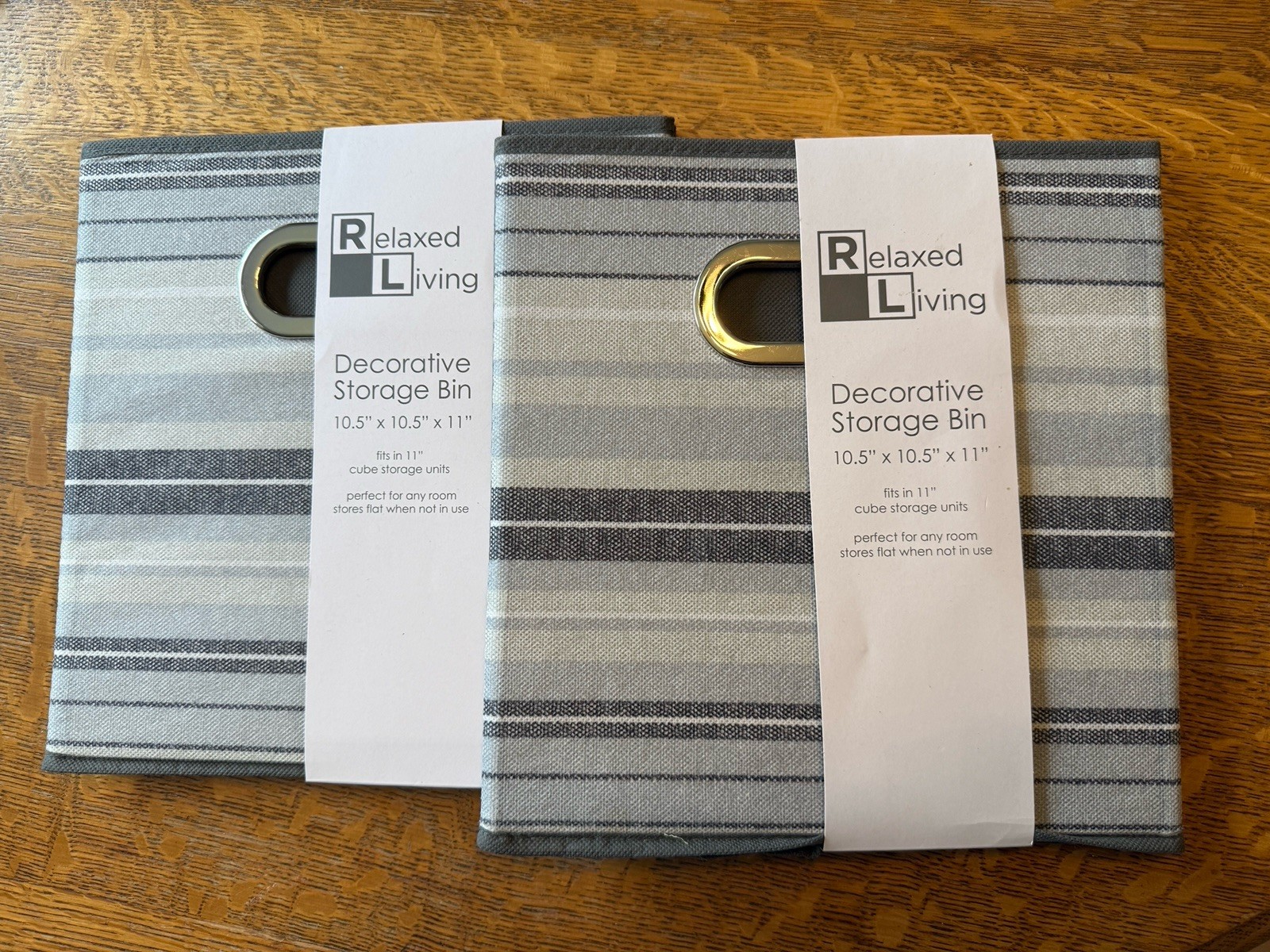 NEW 2 Relaxed Living Storage Bins 10.5 x10.5 x 11 Gray Stripes Organizers Shelf