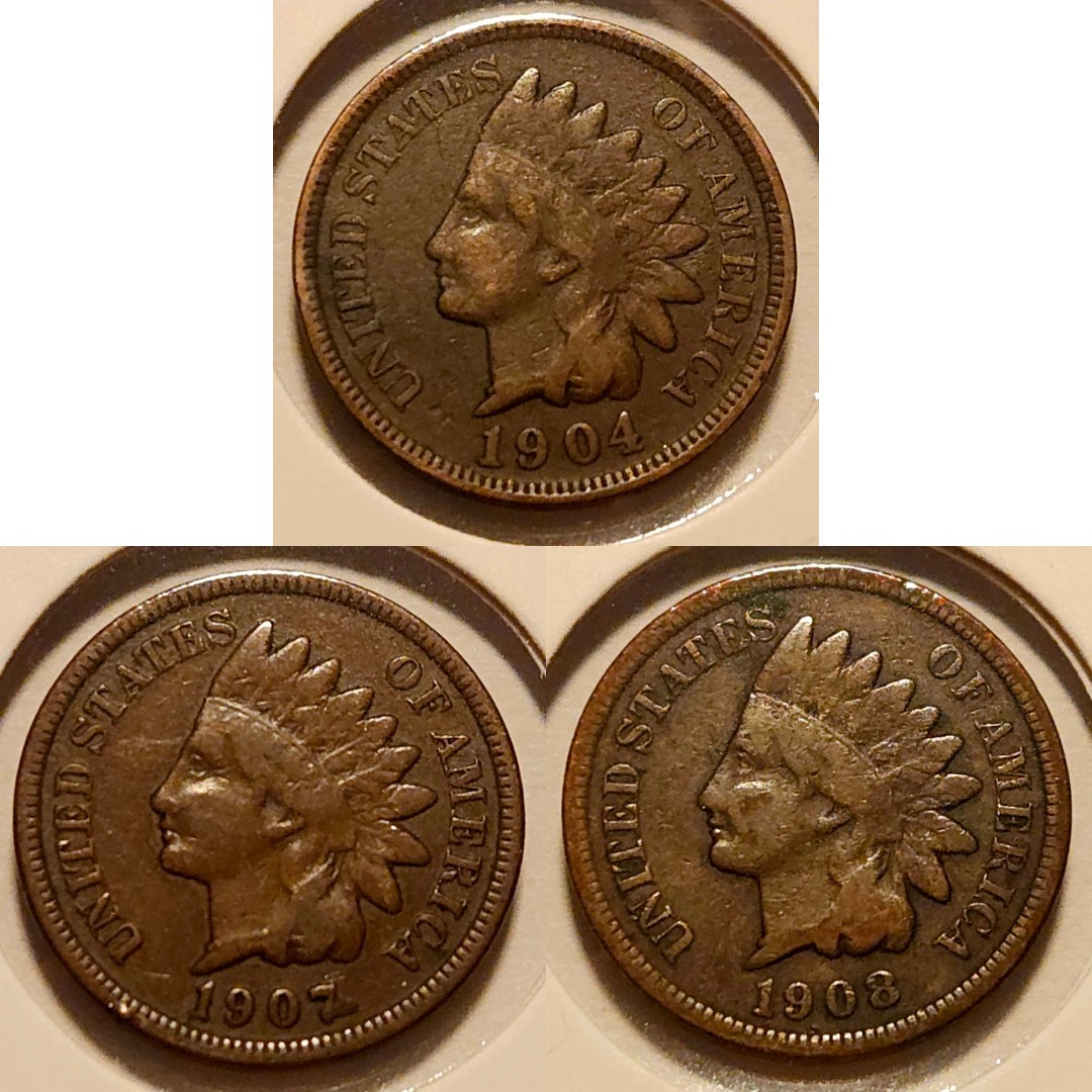 Lot of (3) Indian Head Cents: 1904, 1907, 1908 - VG/F