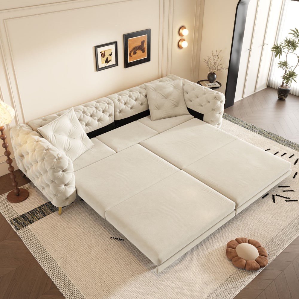 Convertible Sleeper Sofa Bed w Ottoman, Seats 4, Velvet, Beige/White