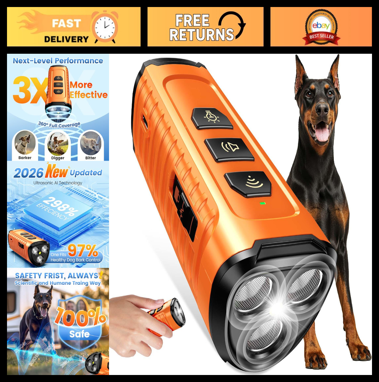 Anti Barking Device for Dogs - 3X Bark Control, 5 Modes, 50FT Range, Indoor/Outd