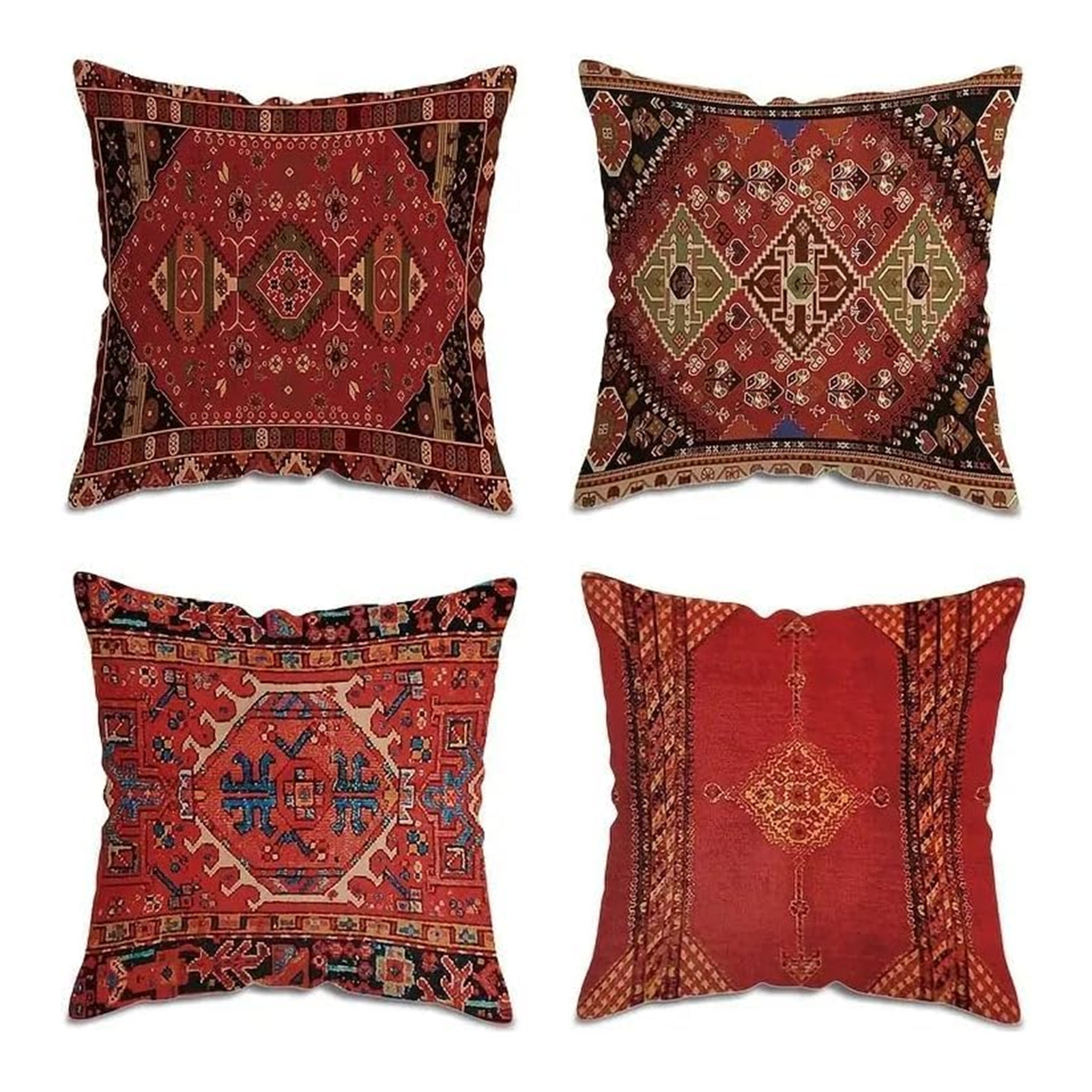 Chic Set of 4 Oriental Ikat Geometric Tribal Linen Throw Pillow Covers 18x18 for