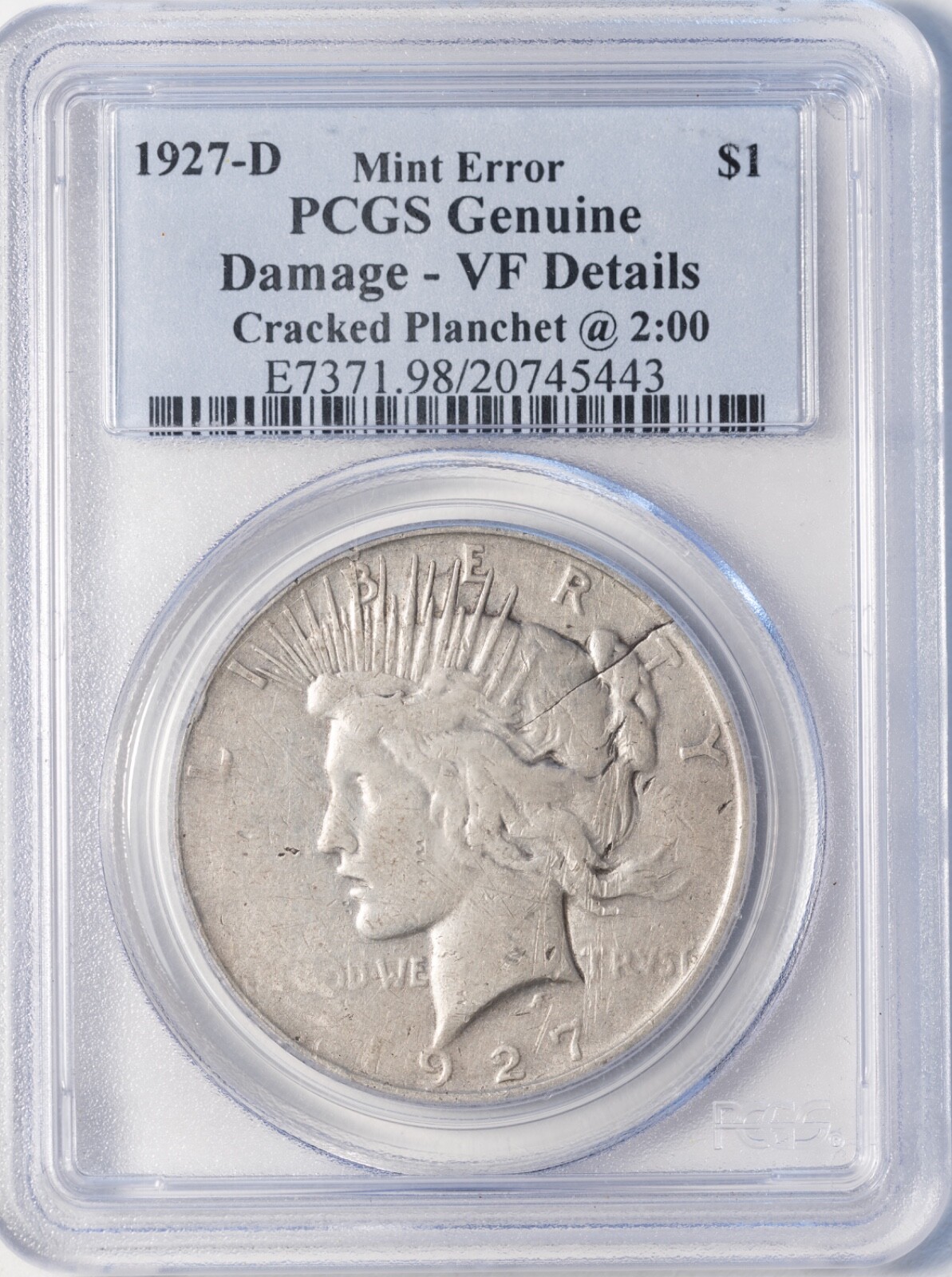 1927-D Peace Dollar Mint Error Cracked Planchet