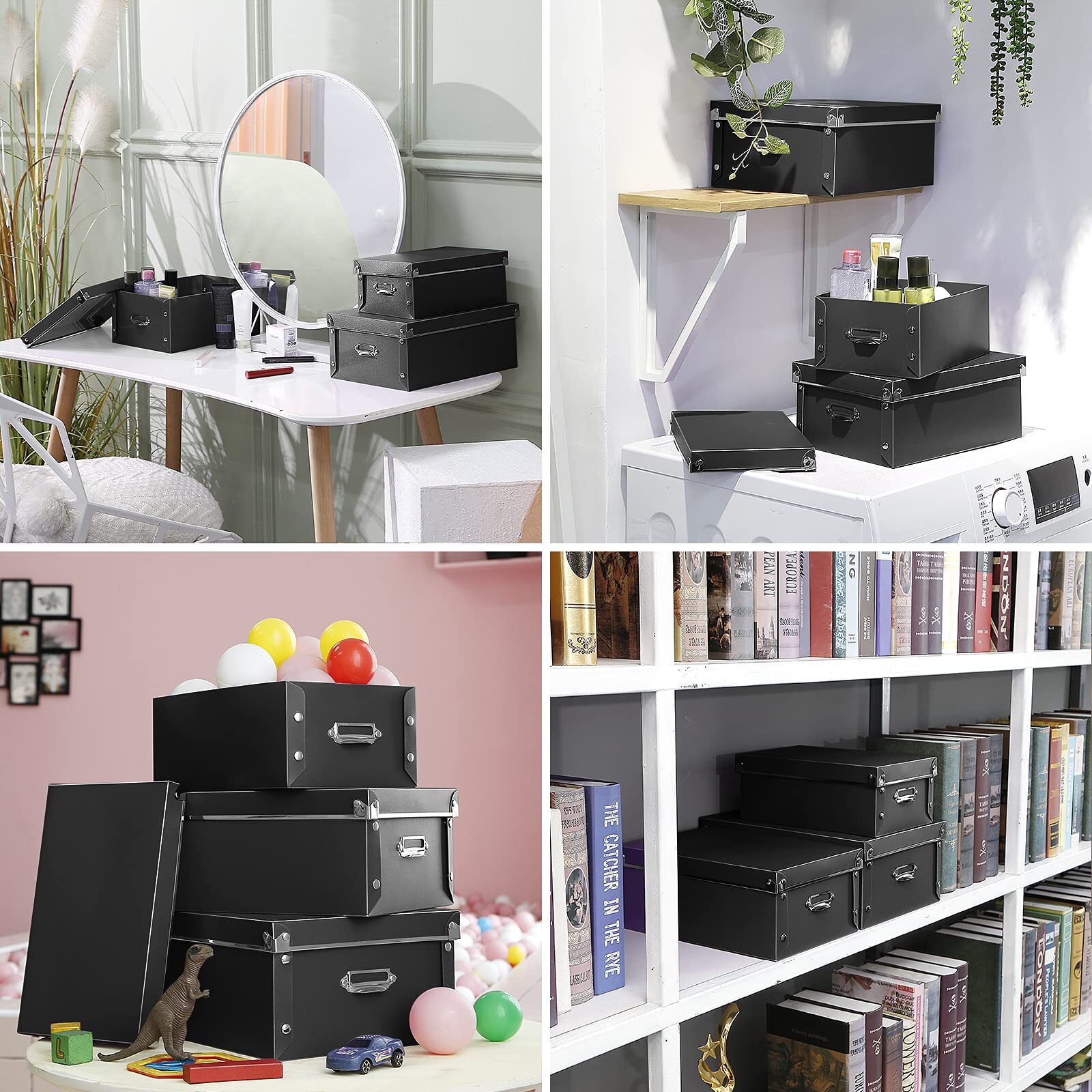 SEEKIND Decorative Storage Bins with Lid 3-Pack Foldable Space Saver Black
