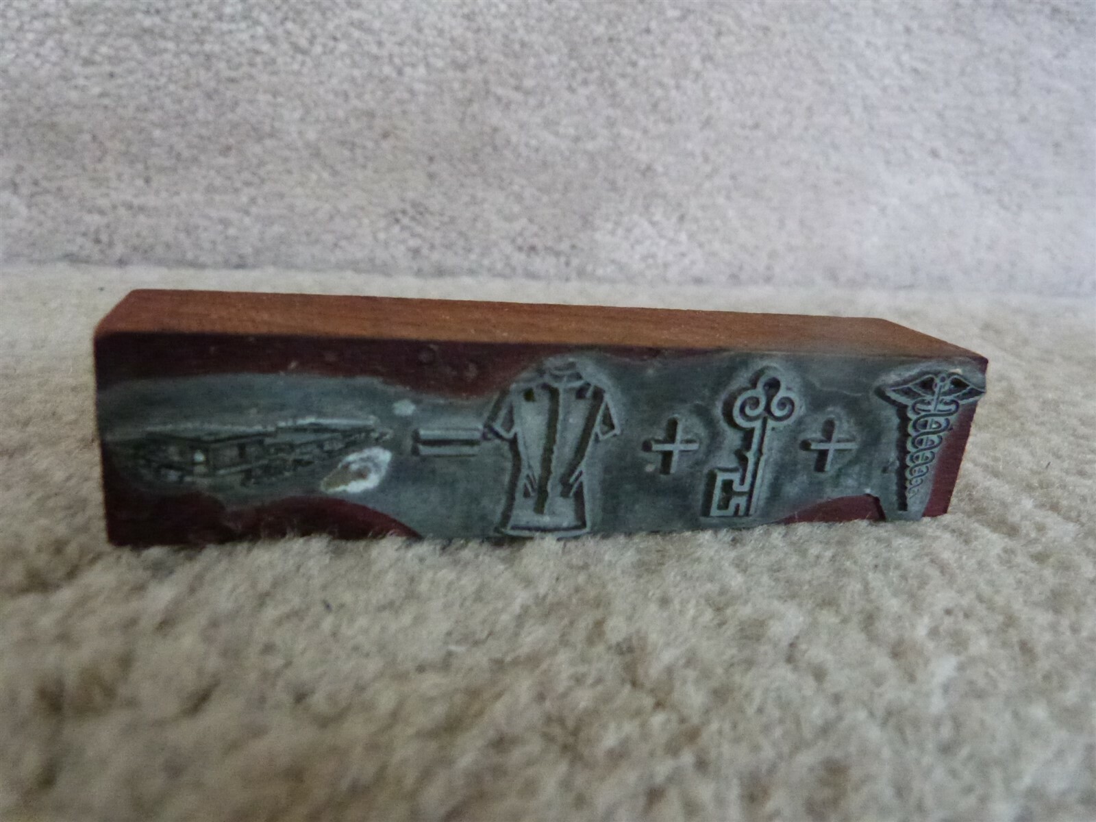 VINTAGE Letterpress Printer Block Stamp Metal on Wood CADUCEUS Key Medicine Ship