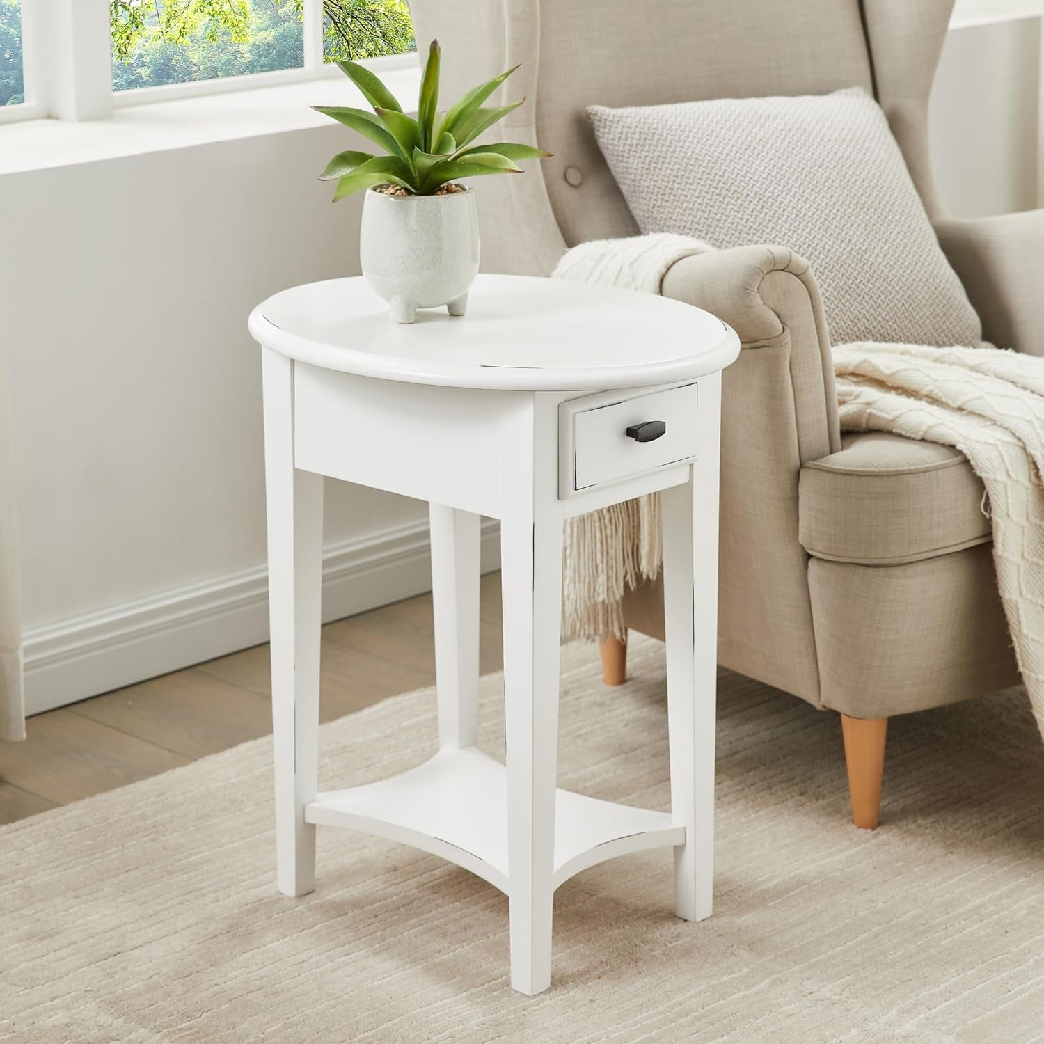 Haven Ridge Oval End Table One Drawer Side Table Farmhouse White 214387