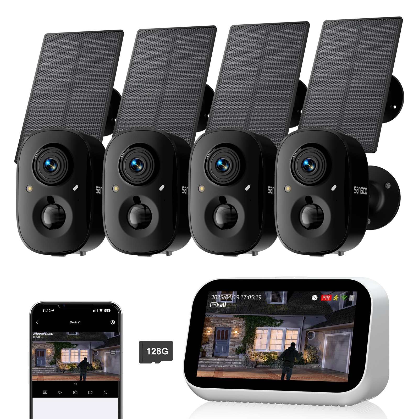 4CH Solar Battery Powered 4MP Wireless Security Camera System 2 Way Audio +128G