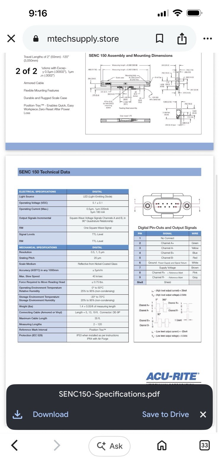 Acu-rite Linear Encoder. Senc 150. 100” Scale 558125-91. 19’ Armor
