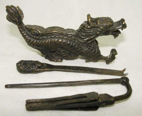 Rare Chinese Old Style Brass Carved Dragon Lock and Key Nrr
