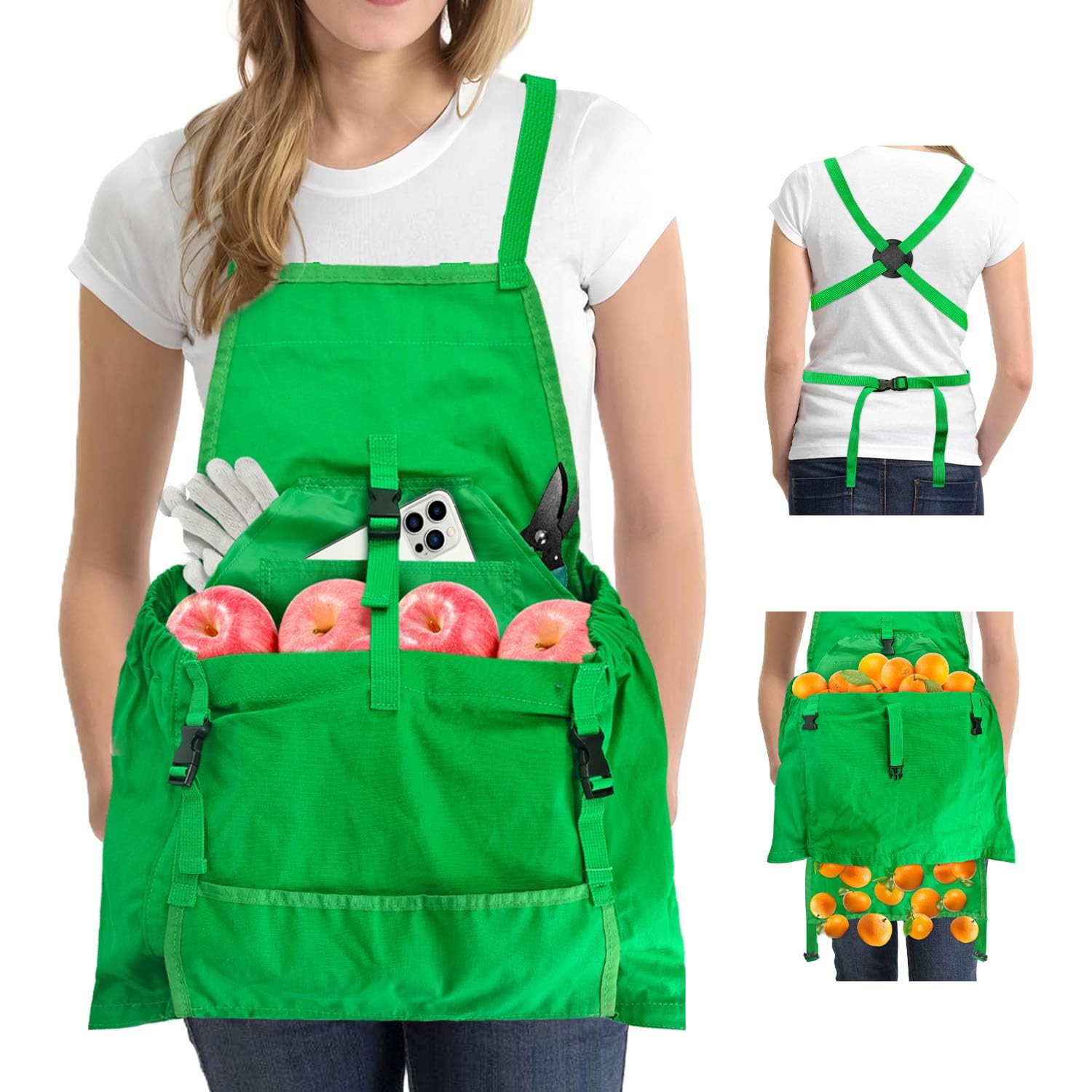 Green Gardening Harvest Apron with Pockets Adjustable Waist Belt Garden Apron