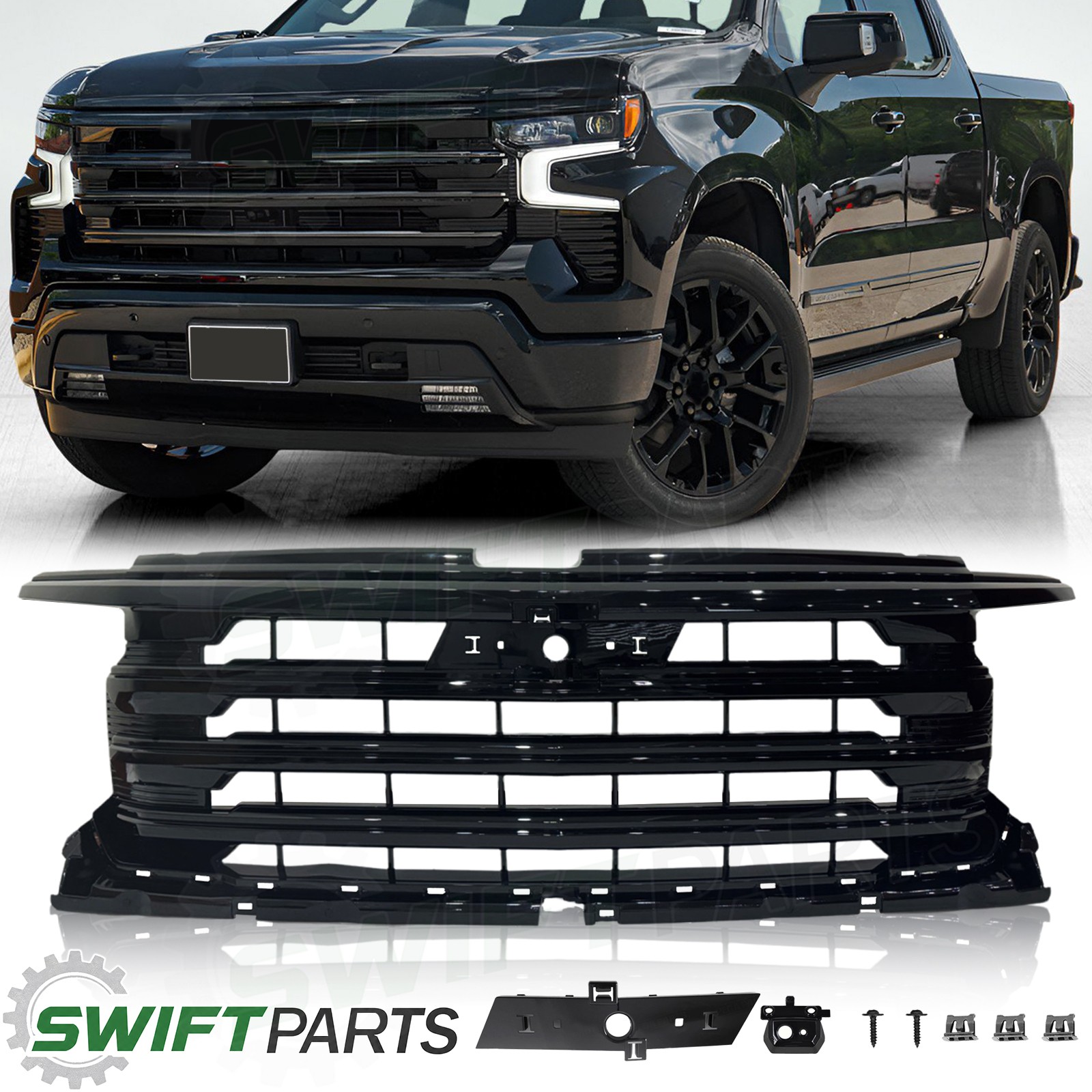 For 2022-2024 Chevy Silverado 1500 Glossy Black High Country Style Hood Grille