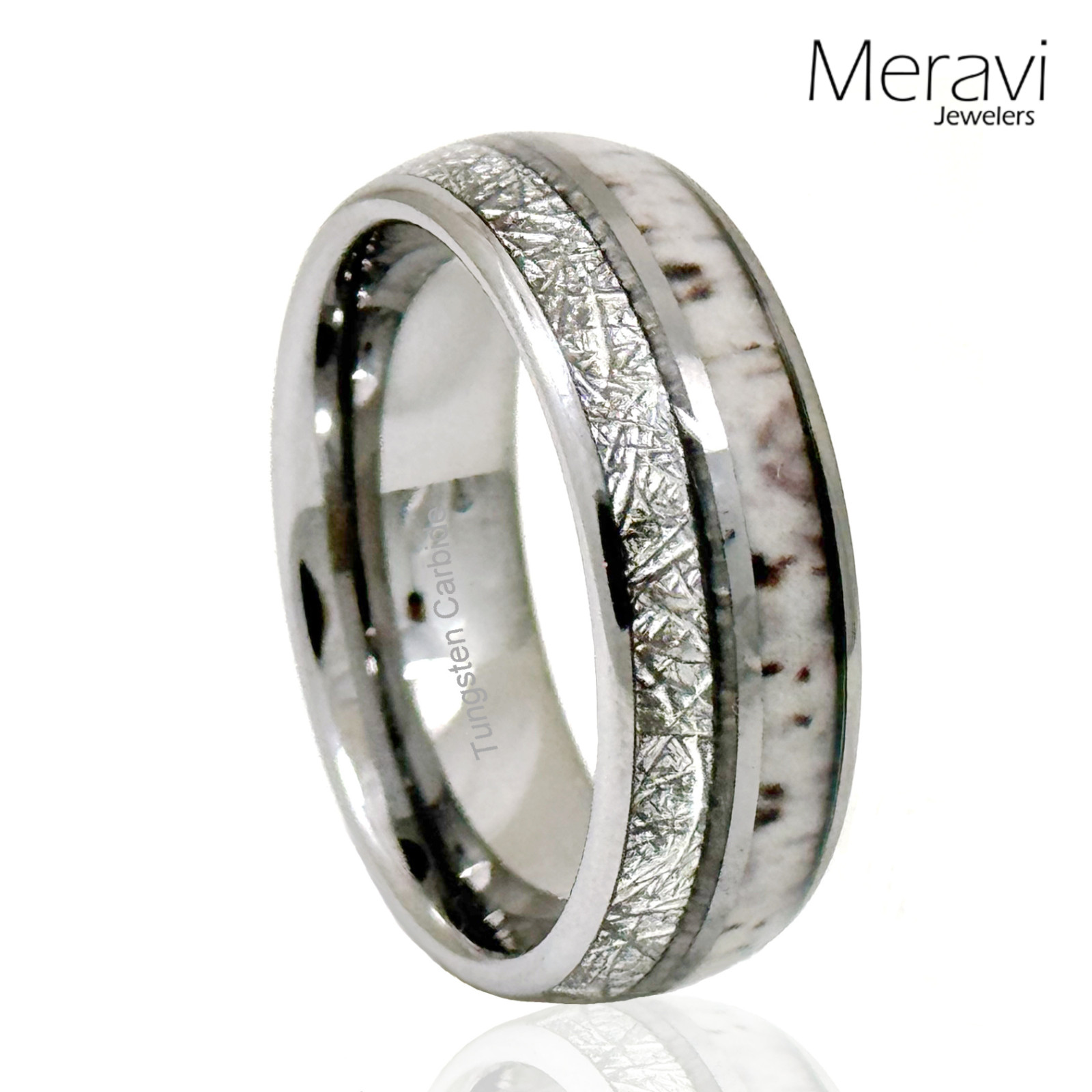 🔥 8mm Tungsten Ring Deer Antler Inlay Silver Meteorite Design Mens Wedding Band