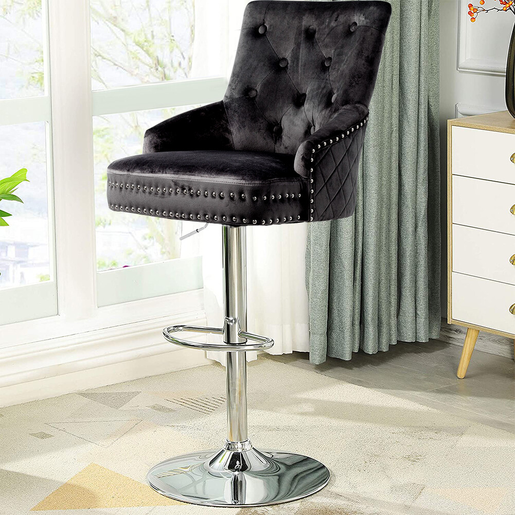 Extra Large Velvet Bar Stool Heavy Duty Adjustable Breakfast Chair w Stable Base