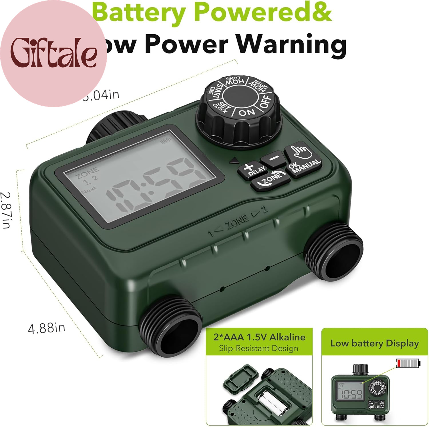 Sprinkler Timer Outdoor - 2 Zone Programmable Water Timer with Rain Delay, Autom