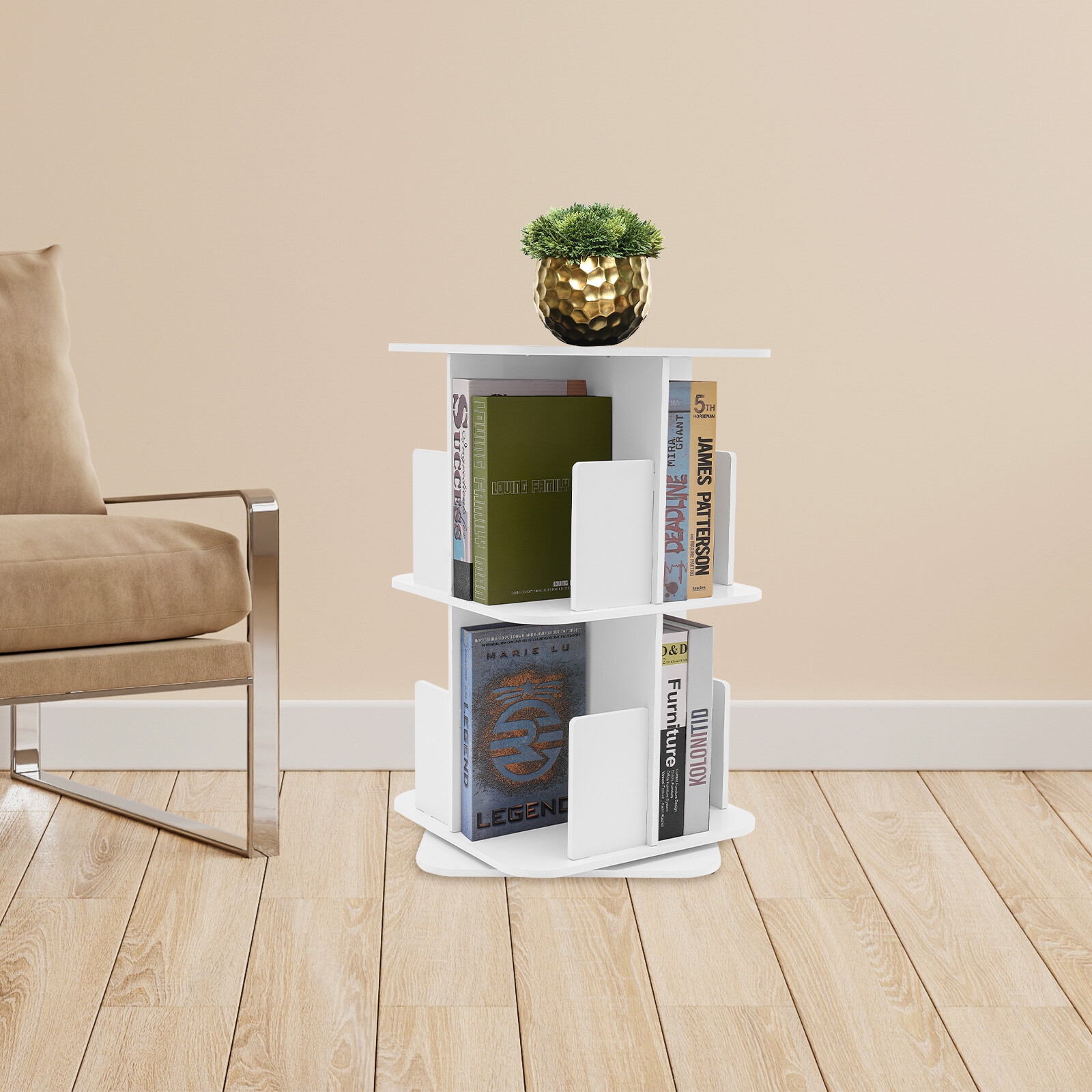 Rotating Bookshelf White 2 Tier Standing Bookcase Small Corner Bookcase US