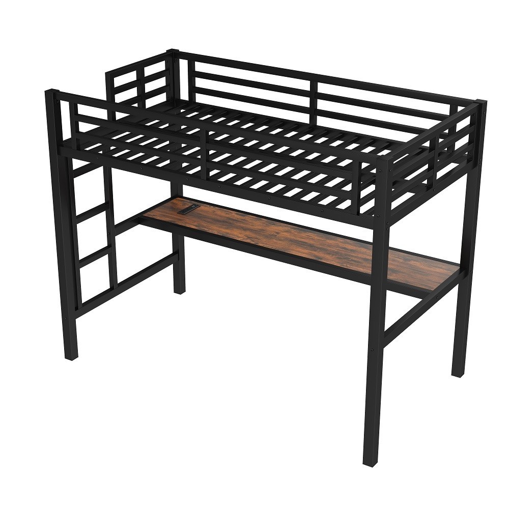 Metal Twin Size Loft Bed Power Outlet LED Lighted, SpaceSavingNoise Reduced
